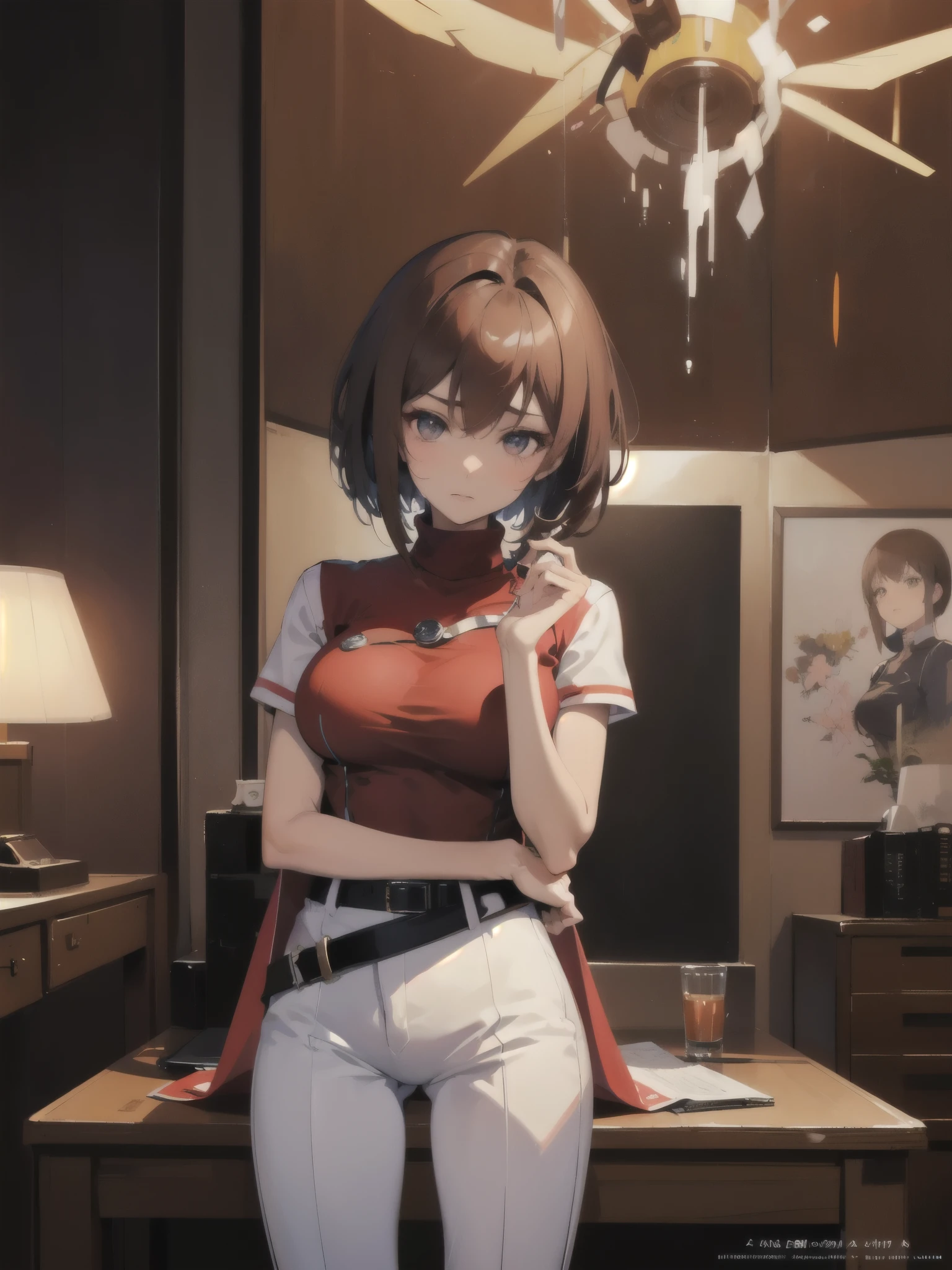kurisu makise steins gate anime, atmospheric, elegant portrait, super highly detailed, professional digital painting, artstation, concept art, 8k, art by wlop, artgerm and alphonse mucha and eiichiro oda shinkai makoto vibrant Studio ghibli kyoto animation hideaki anno Sakimichan Stanley Artgerm Lau Rossdraws James Jean Marc Simonetti, Beautiful woman, light brown hair, light brown eyes, red turtleneck shirt, white pants, black belt, makeup, top-down view, 2d background, impeccable posture, master piece, super detail, attitude, 40 year old woman, strong expression, attitude, very busty, bob