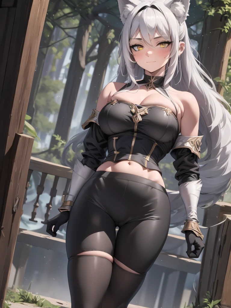 8K, Full body portrait, single woman, especially detailed face, masterpiece, wallpaper, highlydetailed face, ultra-detailed face, beautiful and aesthetic wolf tailed girl, athletic fit body, big breasts, curvy, long hair, gray-silver hair, a young wolf woman, wolf ears, wolf tail, long wolf tail, wolf-like irises, beautiful, enchanting, bright yellow eyes, detailed eyes, ultra-detailed eyes, accurate eyes, detailed irises, correct body proportions, elegant, small vertical scar under right eye, small rosy lips, big breasts, slender elegant arms, pretty hands, detailed hands, charming, slight blush, smug smile, black stylish shorts and top outfit, detached sleeves, light black armor, armored bike shorts, two piece outfit, black armored fur cloack, black metal armor, bare off shoulders, toned abs, exposed belly, standing pose, hands on hips pose, cute pose, black silk thighigh on the left leg, sole girl