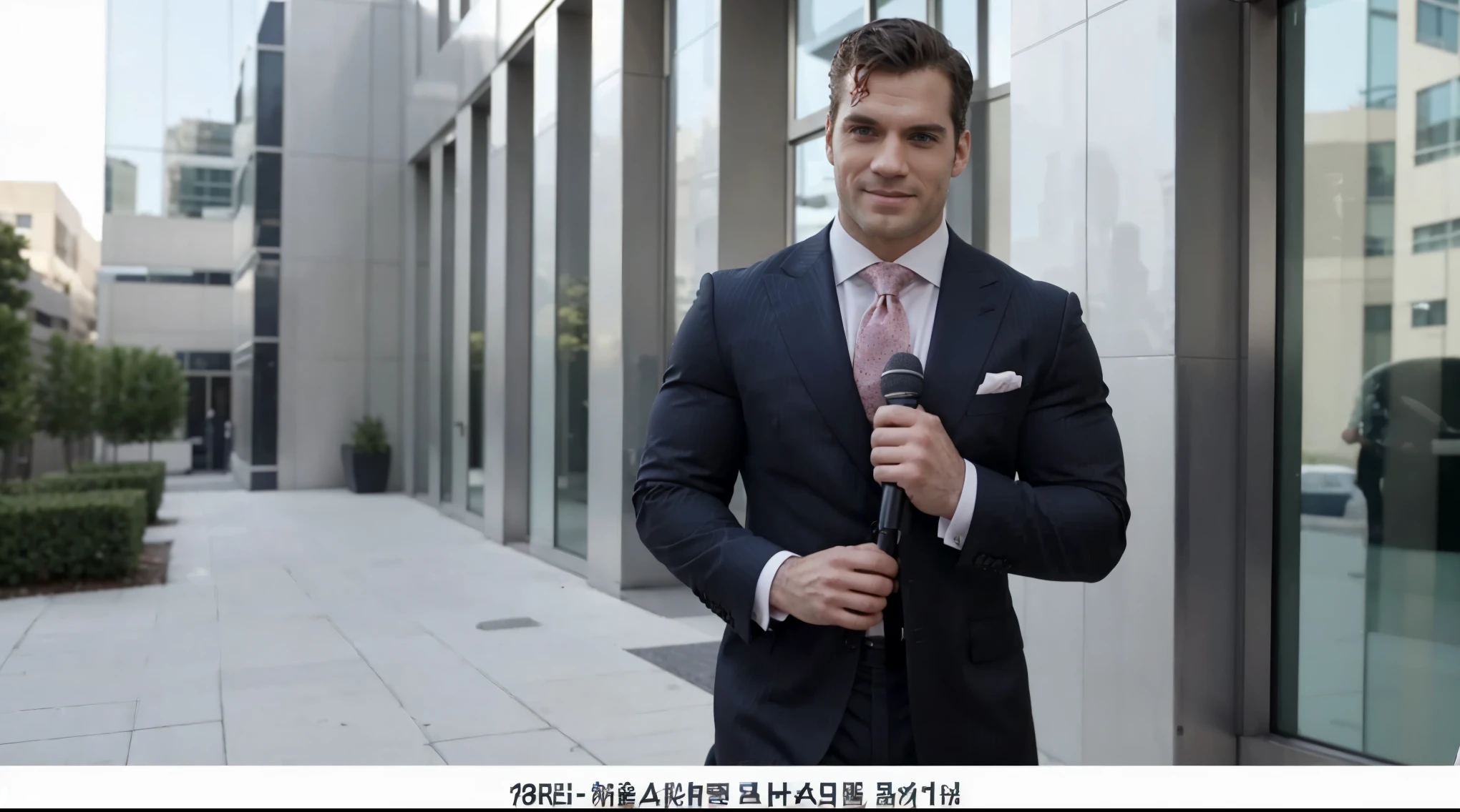 Intetview footage of a news reporter standing outside a hospital, Henry Cavill, in a suit, shirt and tie, holding a microphone, smiling, tall, handsome, muscular, tight fitting shirt. Headshot, news interview
