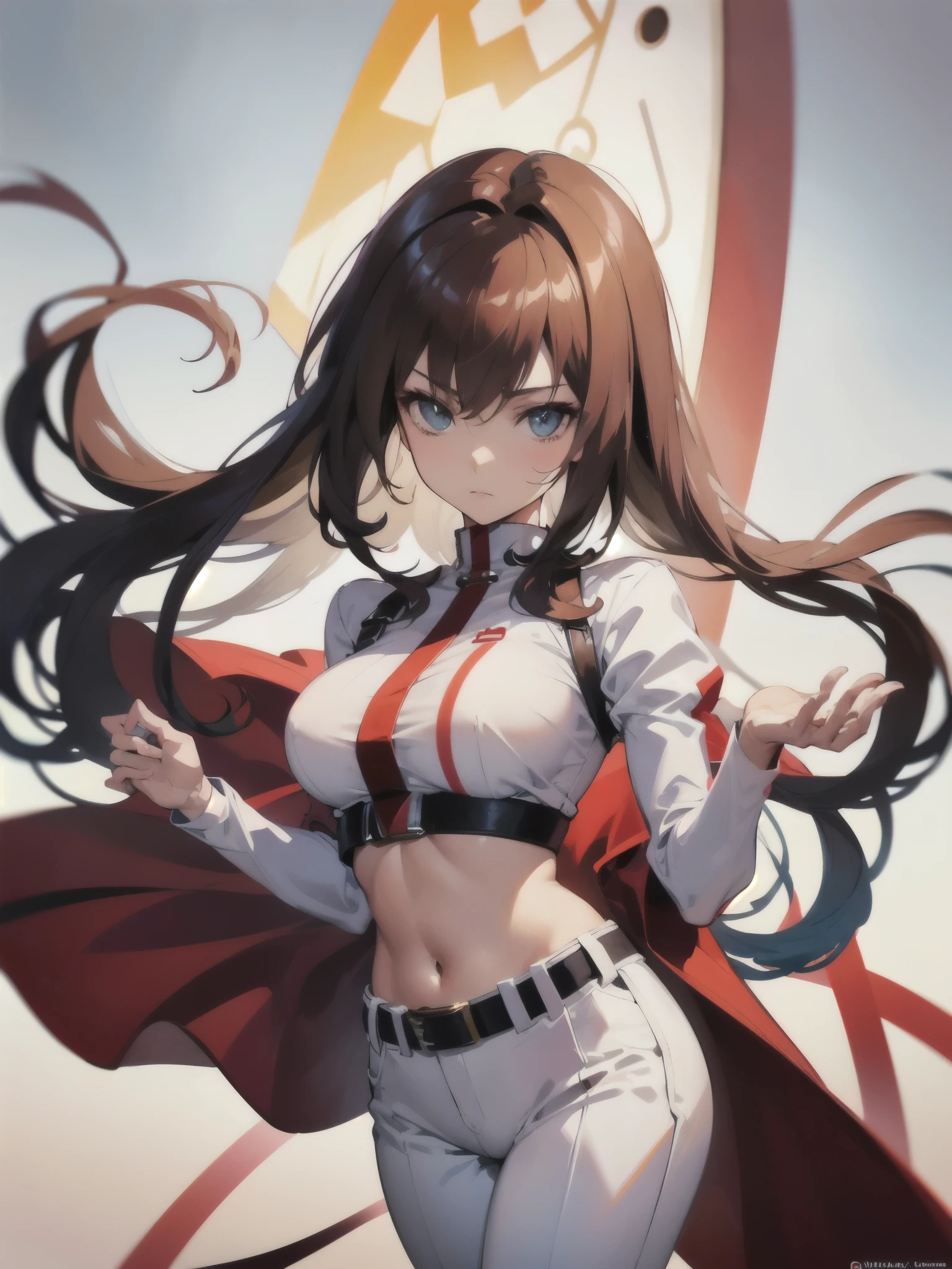 kurisu makise steins gate anime, atmospheric, elegant portrait, super highly detailed, professional digital painting, artstation, concept art, 8k, art by wlop, artgerm and alphonse mucha and eiichiro oda shinkai makoto vibrant Studio ghibli kyoto animation hideaki anno Sakimichan Stanley Artgerm Lau Rossdraws James Jean Marc Simonetti, Beautiful woman, light brown hair, light brown eyes, red turtleneck shirt, white pants, black belt, makeup, top-down view, 2d background, impeccable posture, master piece, super detail, attitude, 40 year old woman, strong expression, attitude, very busty, bob