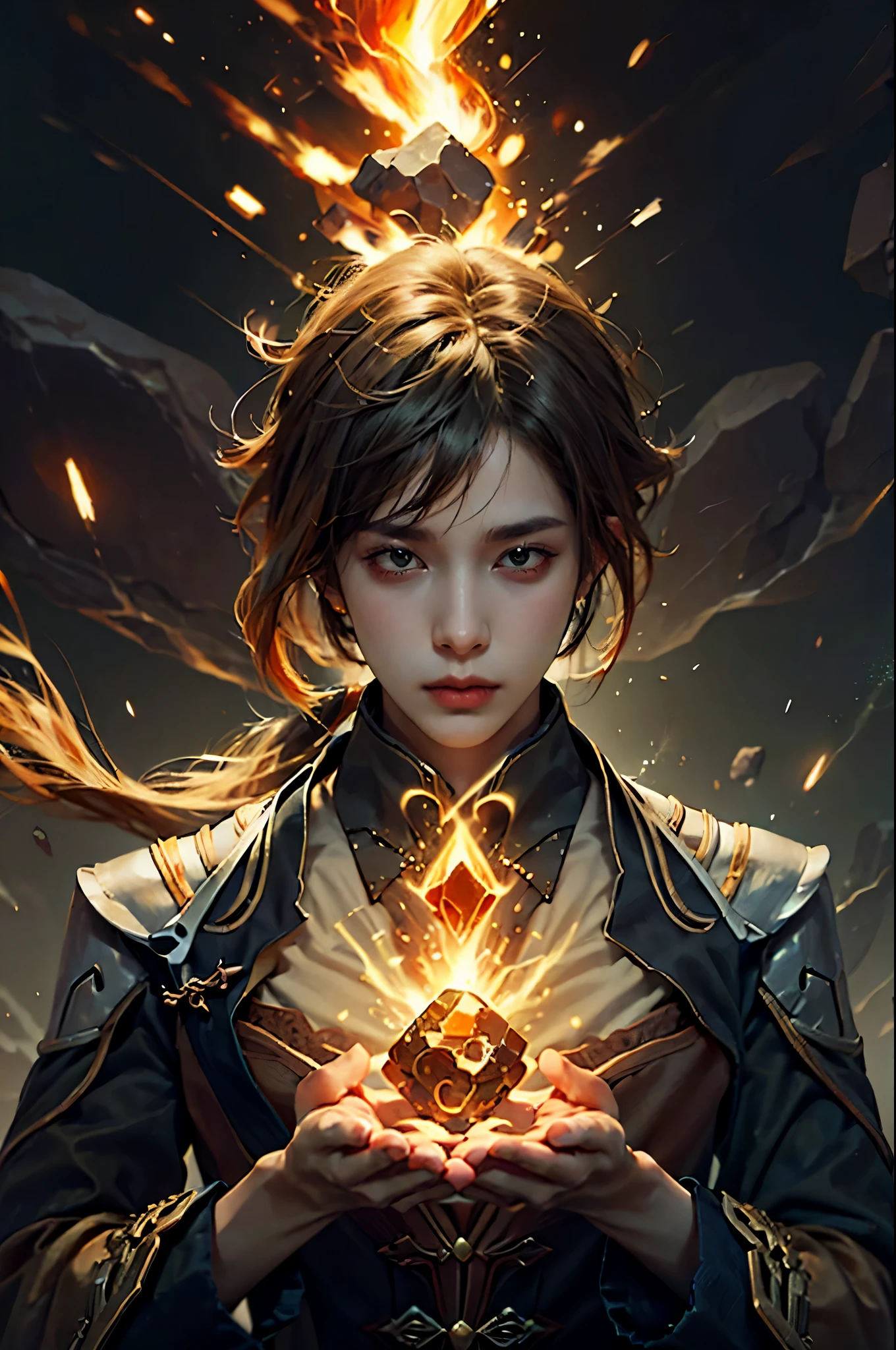 35 year old man, ultra realistic, high res, highly detail, masterpiece, best quality, looking at viewer, Zhongli (Genshin Impact), square rock bending, square rock VFX, head to chest shot, square rockmagicAI, square rock meteor, morax, orange background, orange VFX, square meteor, man body, boy, male, rocks, arm still, male cloth