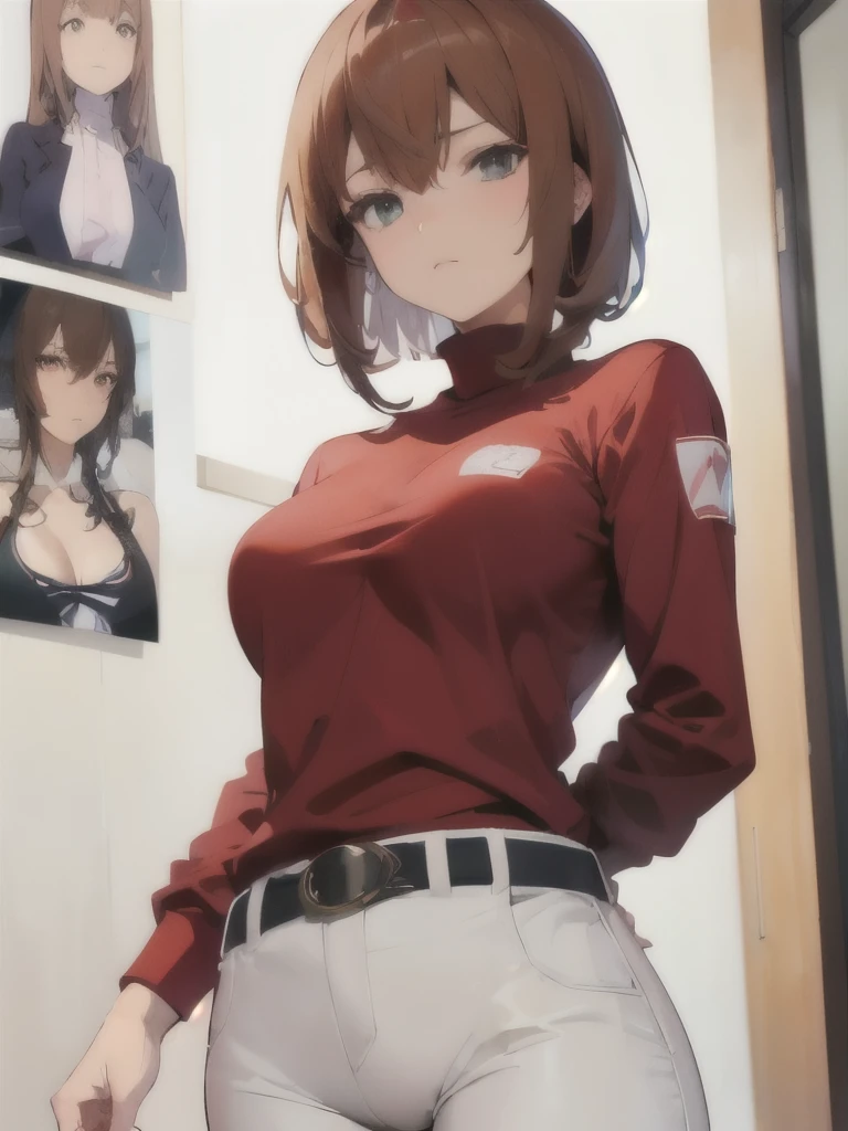 kurisu makise steins gate anime, atmospheric, elegant portrait, super highly detailed, professional digital painting, artstation, concept art, 8k, art by wlop, artgerm and alphonse mucha and eiichiro oda shinkai makoto vibrant Studio ghibli kyoto animation hideaki anno Sakimichan Stanley Artgerm Lau Rossdraws James Jean Marc Simonetti, Beautiful woman, light brown hair, light brown eyes, red turtleneck shirt, white pants, black belt, makeup, top-down view, 2d background, impeccable posture, master piece, super detail, attitude, 40 year old woman, strong expression, attitude,, bob
