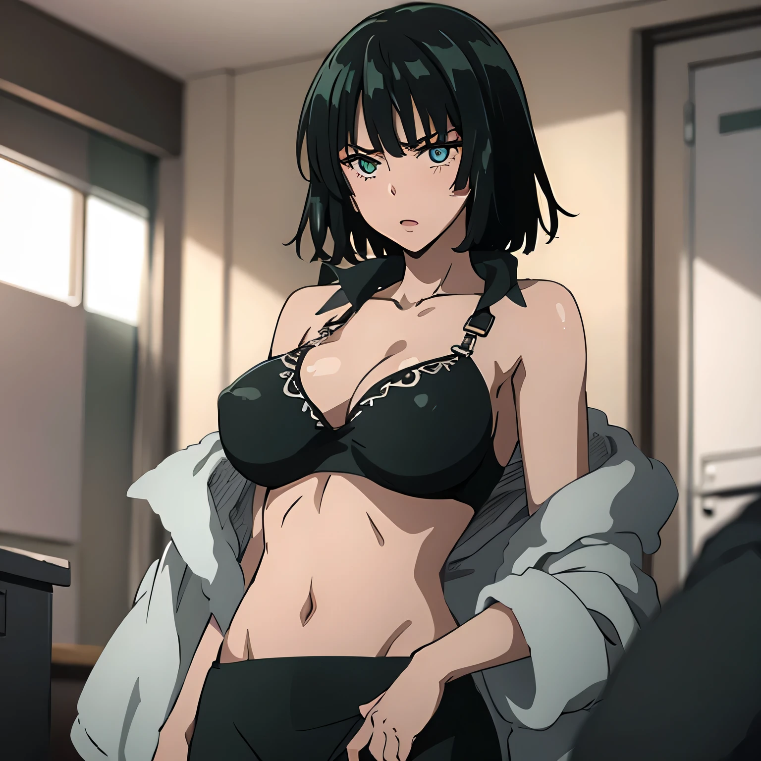 1 girl, narrow waist, sexy hips, black bra and black underwear, Fubuki was changing clothes in the washroom when suddenly a stranger walks in. Fubuki turned around to see a complete stranger and is blushing in shyness as she is only wearing her bra and underwear. She is looking back at the viewer with a blush on her face, shock and embarrassment. We can see her bra is almost about to fall off to reveal her beautiful breasts. She is looking at the viewer. Masterpiece, no blurring, HD, full body view, smooth and perfect detailing in anime style