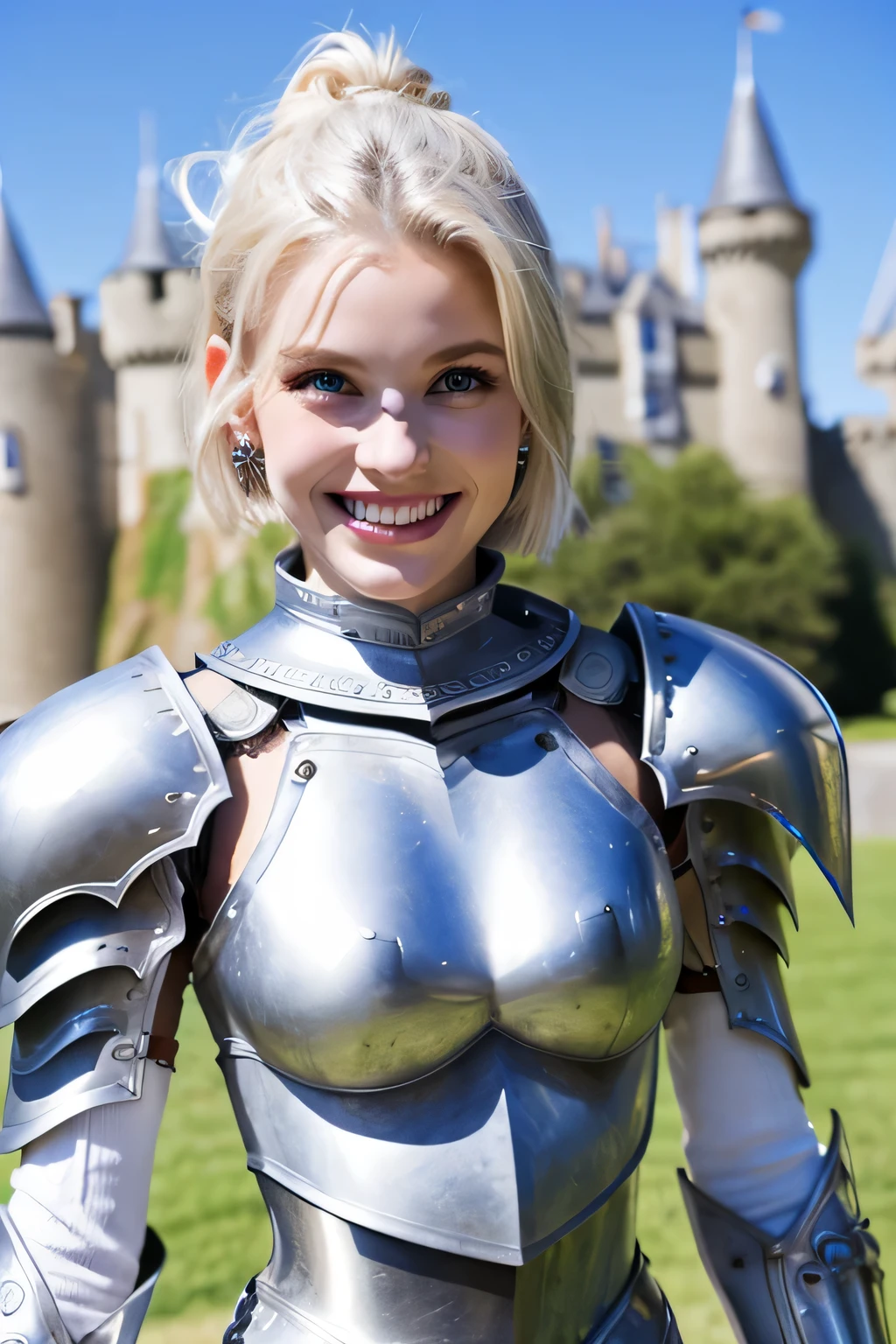 ８Ｋ、highest quality、female knight、Luxurious Silver Armor、、hairstyle short cut、smile、beautiful teeth、full body photo、ear piercing、blonde、white woman、blue eyes、heavy makeup、The background is inside the castle

