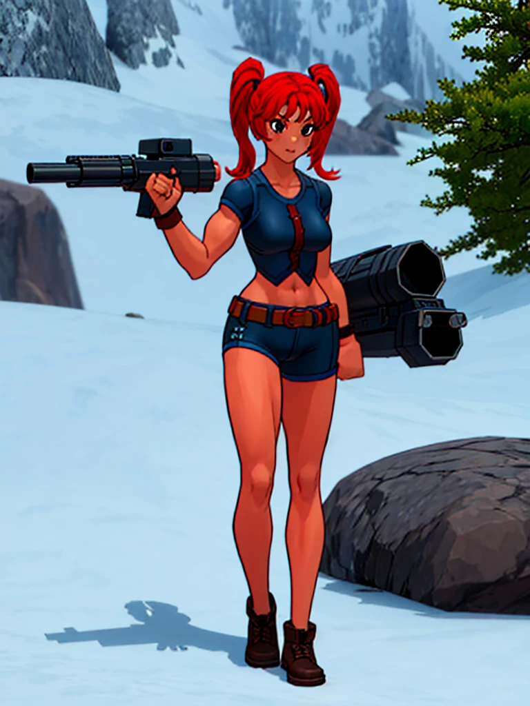Twintail, red haired, 1girl, grey eyes, well toned, well built, muscled, toned muscles, gatling gun,, shell casing, ammunition belt, full body, outdoors, (masterpiece, best quality,highres, perfect hands)
