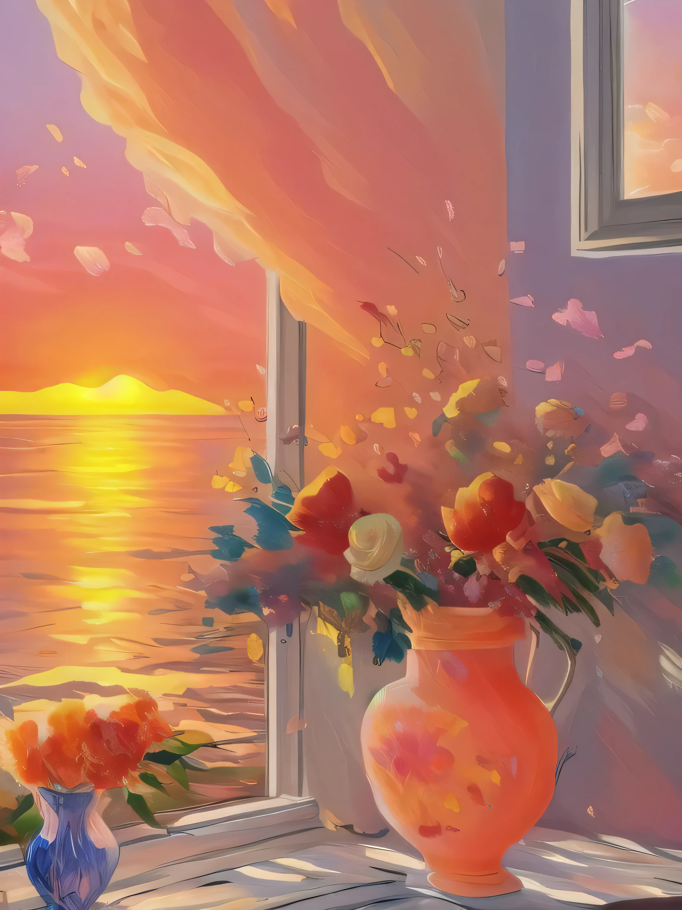painting of a vase of flowers on a window sill overlooking the ocean, warm beautiful scene, floral sunset, painting of beautiful, romantic painting, beautiful painting, sunset light, artistic painting, sunrise light, sunset glow, rich bright sunny colors, beautiful aesthetic, gorgeous romantic sunset, awesome greate composition, beautiful composition, beautiful scene, beautiful sunset glow, scenery artwork