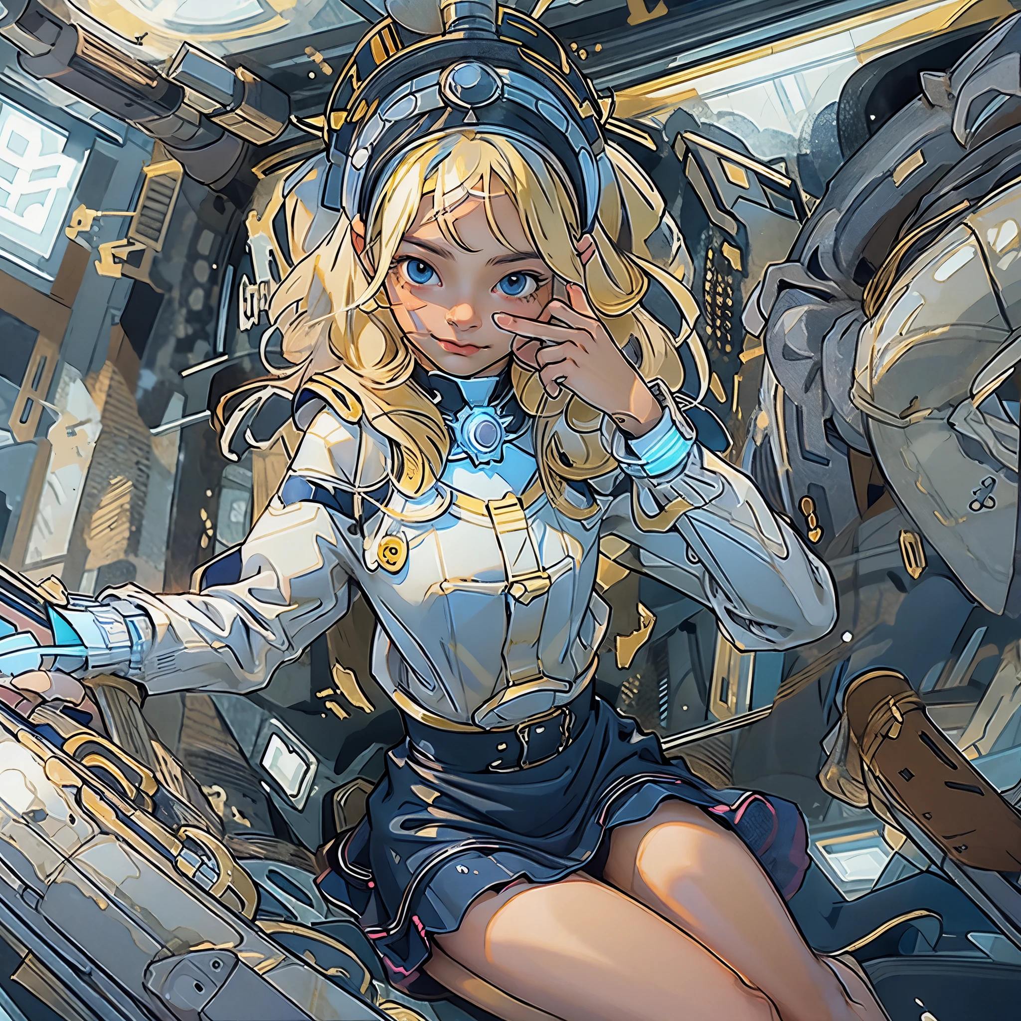 (best quality,4k,high res),ultra-detailed,anime,portrait,young,young blonde girl,aesthetic,body,dark blue eyes,detailed eyes,white clothes,blue details,fitting tight clothes,tight sleeves,spaghetti straps,short skirt,frills,fluffy skirt,spaceship,interior of a spaceship,golden necklace,vivid colors,soft lighting,blue color scheme