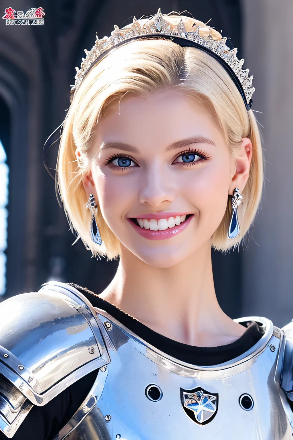 ８Ｋ、highest quality、female knight、Luxurious Silver Armor、、hairstyle short cut、smile、beautiful teeth、full body photo、ear piercing、blonde、white woman、blue eyes、heavy makeup、The background is inside the castle

