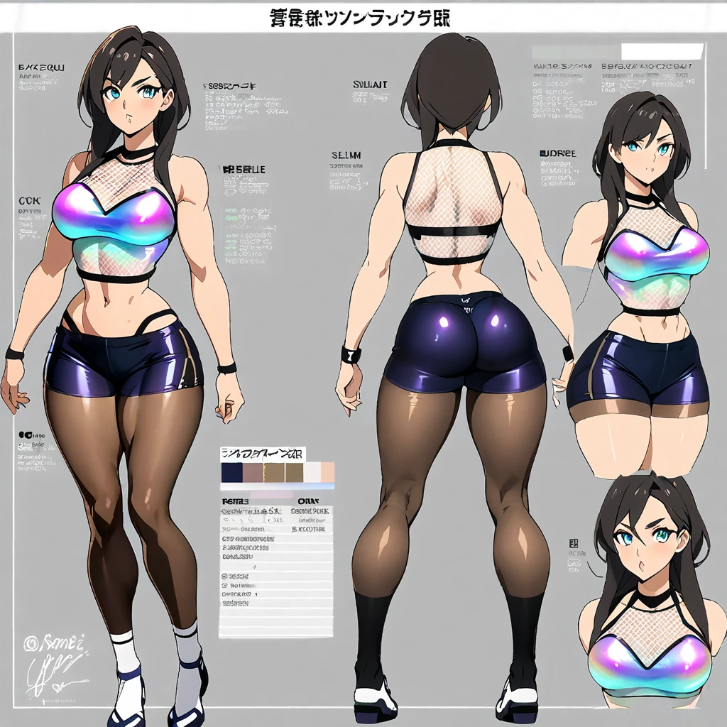 reference sheet, character chart, #1 fitness supermodel, thick thighs, slim waistline, fleshy lips, iridescent spandex top under mesh shirt, sheer seamed pantyhose under knee-length cirre shorts, white knee-high socks