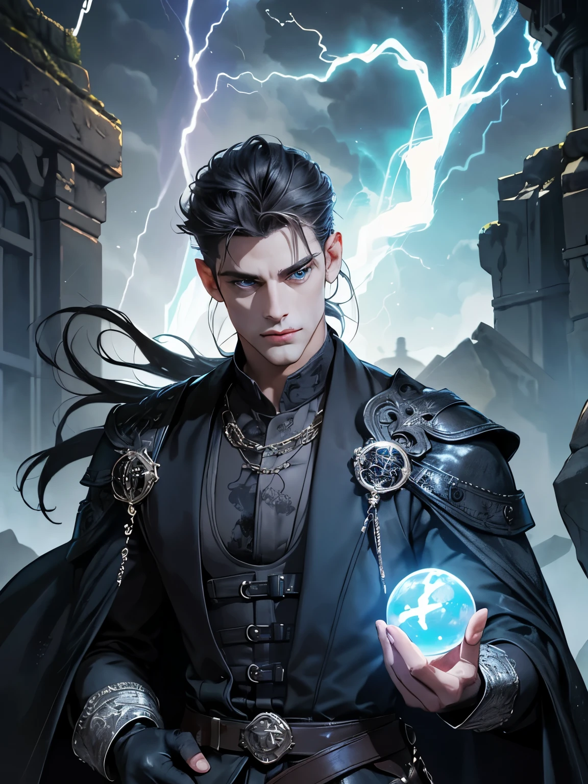 (Ridiculous, high resolution, Super detailed), 1 male, Mature, getting old, Handsome, tall muscular man, broad shoulders, very short hair, undercut, gray blue eyes, Detailed eyes and detailed face, Extremely detailed CG unified 8k wallpaper, intricate details, portrait, (Bloody scars:0.7), look up, alone, Upper body, Detailed background, (Dark Ages Gothic Fantasy Theme:1.1) smile, focus, purse lips, wizard, Casting a Spell, (Color lightning ), floating rocks, Colored clothes, hair blowing in the wind, Magic crystal ball, Arcane Spells, ayan nag, Grim dark reality lighting, Background with ruined streets,, Cowboy shooting