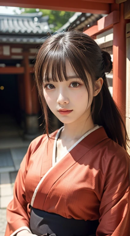 1 beautiful若い女の子, 非常にbeautiful詳細な顔, smile shyly, (slender body:1.2), (Colorful Japanese kimono:1.3), dark brown hair, bun hair, (detailed face:1.2), conceptual art, high quality, realistic, very detailed CG 統合 8k 壁紙, very detailed, High resolution raw color photos, professional photography, realistic portrait, cinematic light, beautiful, Super detailed, advanced details, Depth of the bounds written, illumination, ((red torii gate in kyoto:1.2))