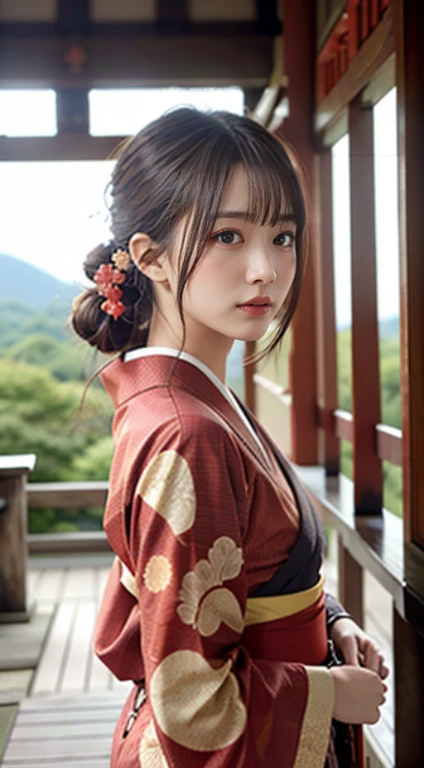 1 beautiful若い女の子, 非常にbeautiful詳細な顔, smile shyly, (slender body:1.2), (Colorful Japanese kimono:1.3), dark brown hair, bun hair, (detailed face:1.2), conceptual art, high quality, realistic, very detailed CG 統合 8k 壁紙, very detailed, High resolution raw color photos, professional photography, realistic portrait, cinematic light, beautiful, Super detailed, advanced details, Depth of the bounds written, illumination, ((red torii gate in kyoto:1.2))