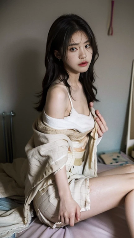 ((最high quality、8K、masterpiece、Portrait:1.3)), (ambient light:1.5), (bounce writing:1.8) ,H Photorealistic, sharp focus, high quality, HDTV, solo, Japanese, woman, Beauty like an actress, live alone、Midsummer、High temperature、high humidity、(Lower school year:1.5)、(Poor life:1.2)、I can see the cleavage, , lean and toned body:1.5, small breasts:1.5, (sloppy body:1.2)、wavy hair, wrinkles around the eyes, I don't have money to buy clothes、Being naked、naked people、((show your pussy:1.5)), (cluttered background, messy room: 1.5)、woman用衣類が乱雑に散らかっている、(Old house in Japan:1.2), evening light、Lying on your back with your legs spread while look in front of you eyes, show your pussy:1.5、cleavage、spread your legs:1.5、vaginal opening、clitoris、anus、Lower school year、poor、Vile