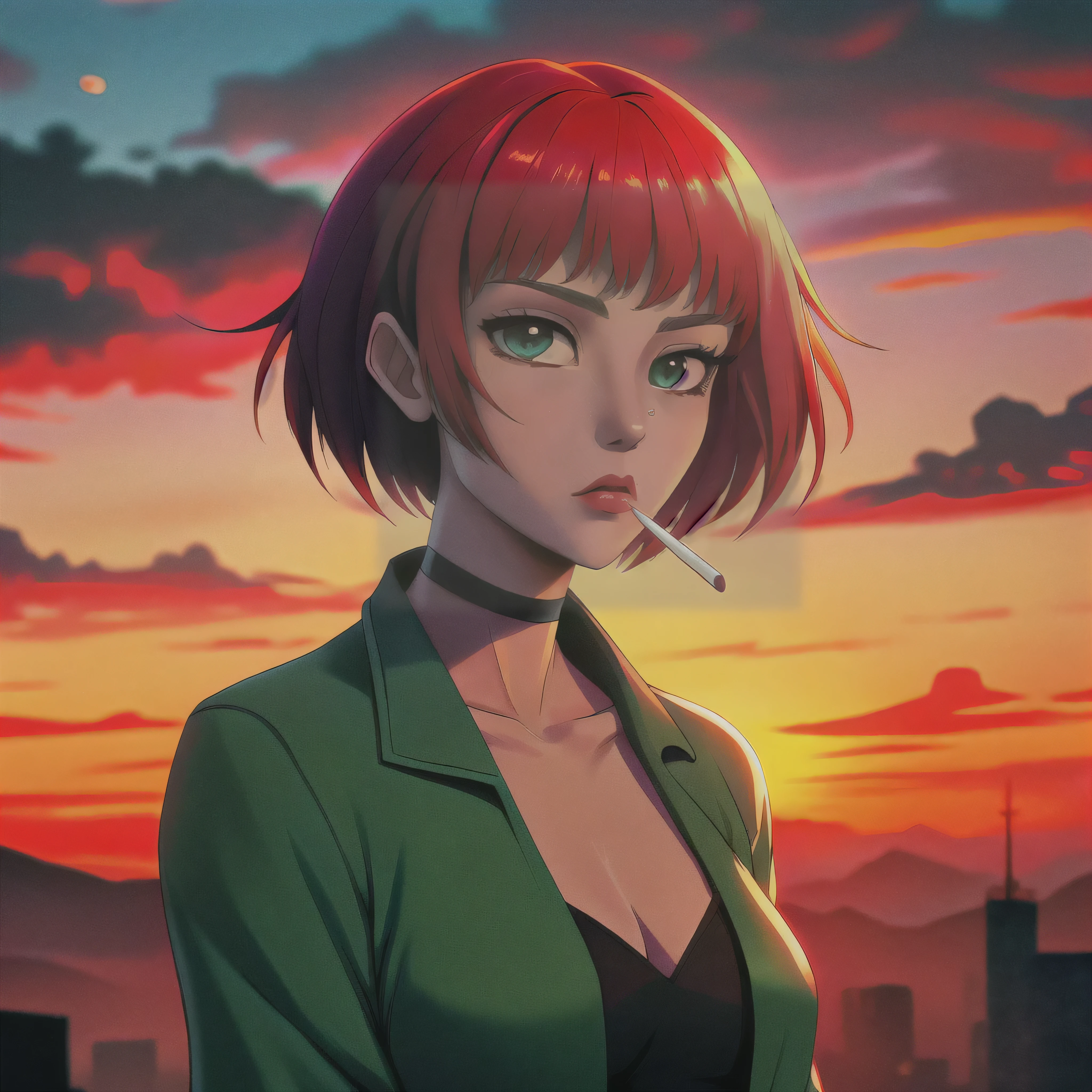 Anime girl with red hair and green eyes smokes a cigarette, Anime style 4 k, Alena Enami&#39;s style, Anime style portrait, cool anime 8k, digital anime illustration, Anime styled digital art, realistic anime style, anime art style, Anime style illustration, Anime style. 8 k, Alena Enami and Artgerm, Anime style character