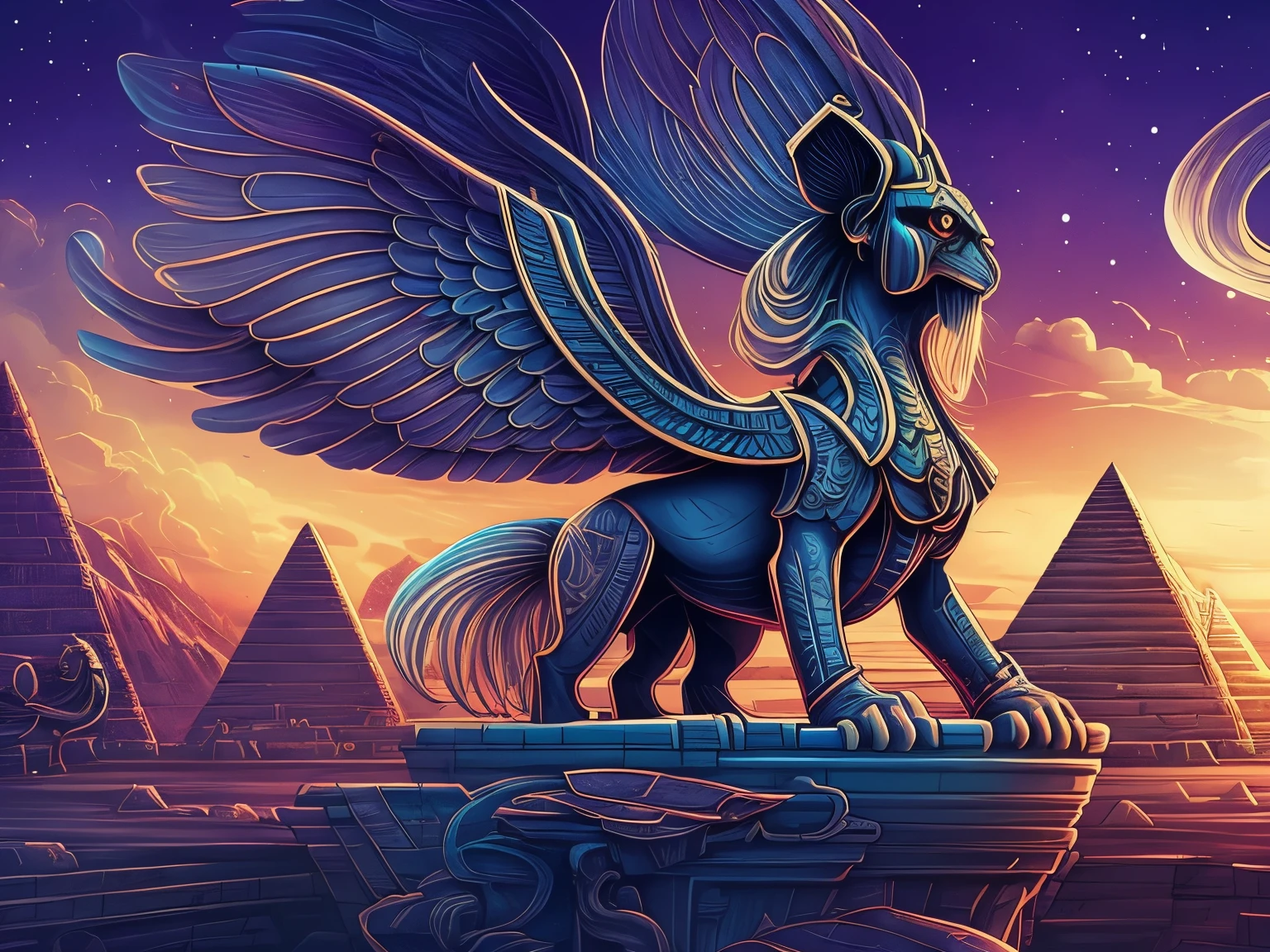 A fantasy style digital painting of a sphinx in front of a pyramid, night sky, magic the gathering style, Ron Spencer, highly detailed, digital painting, artstation, concept art, smooth, illustration, detailed illustration, pastel tetradic colors, magic the gathering, hearthstone, fantasy art, oil painting effect, hand-drawn, digital painting, soft lighting, isometric style, trading card game aesthetic, no close-ups, Center frame, (full head and body in frame), full body in frame,