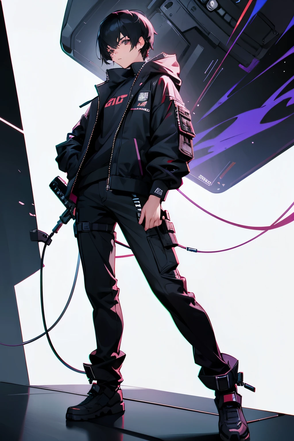 1boy, ((human)), cyberpunk, black hair, electric guitar, (detailed face), full body