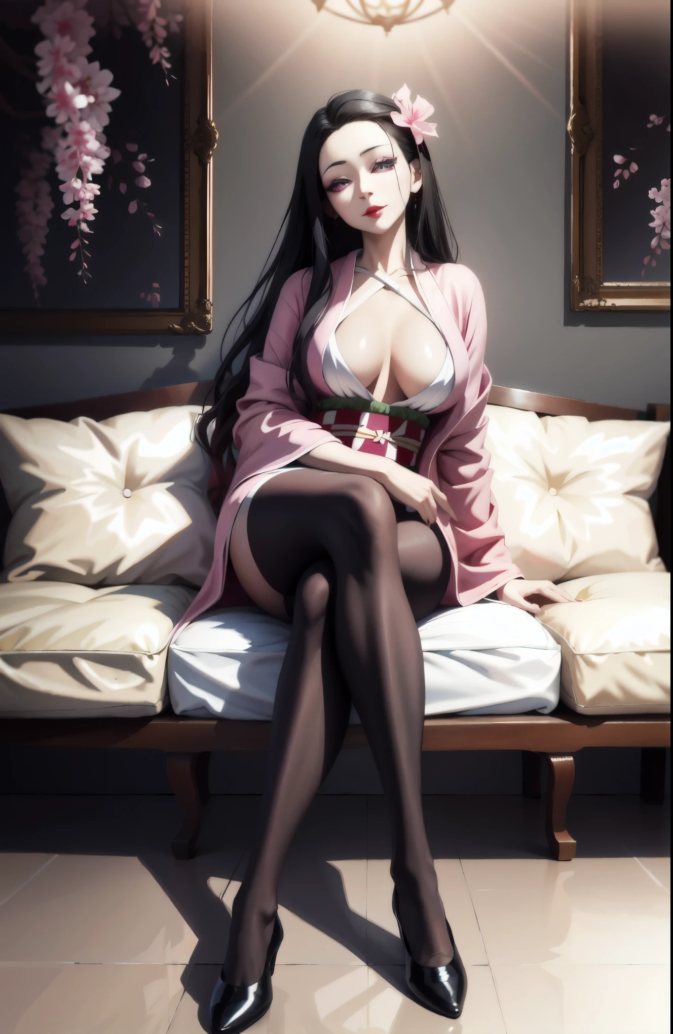 masterpiece, (pink kimono), seductive face, good lighting, low-cut, small details, masterpiece, glowing eyes, 1girl, black hair, on face, Nezuko Kamado, wisteria background, masterpiece, best quality, POV, erotica, pantyhouse, gaze looking at the camera, high heal, ultra detailed hand and finger, big , thic body, red lips, ultra detailed eyes, 