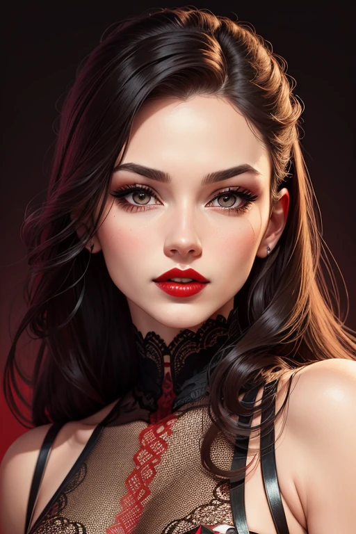 Minimalistic art of a woman with red lips, lace background, drawn in the style of sharpie marker, with hyper realistic details.