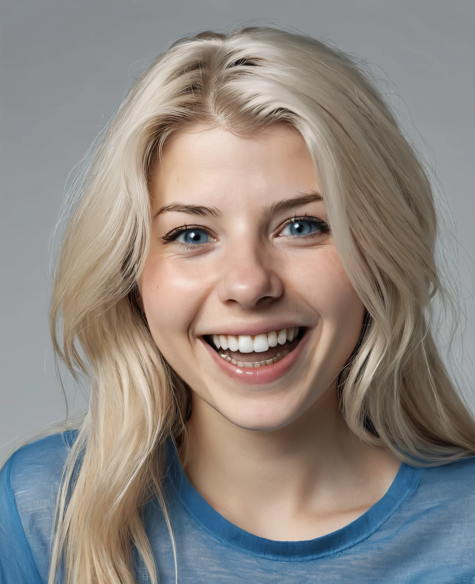 Ultra realistic, 8k, sexy 21 years old Danish girl, perfect pale skin, Nordic girl, sweet wide smile open mouth, sexy girl with long Platinum blonde hair, sweet and sexy grey eyes, nipples, perfect little nose, dressed in a transparent blue t-shirt, high resolution, 8k, ultra realistic, Marisa Tomei