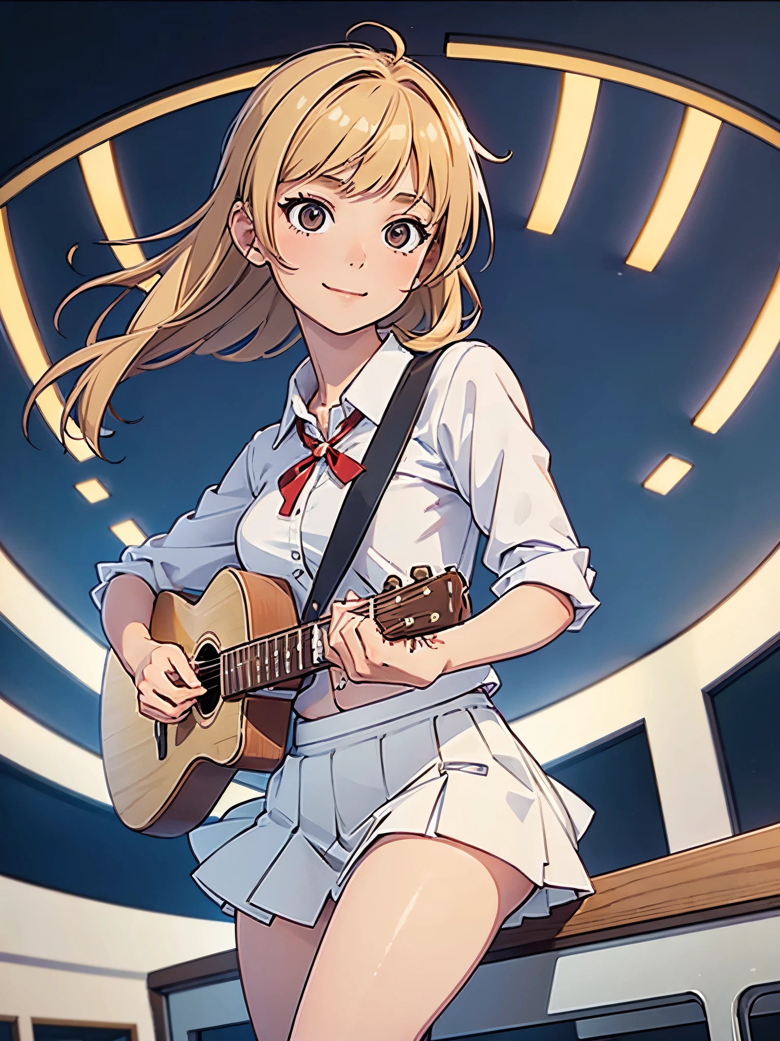 1girl, high school student, suit, white shirt, red ribbon bow necktie, pleaded skirt, miniskirt, bare legs, white socks, brown shoes, blonde hair, medium hair, bangs, hazel eyes, beautiful detailed eyes, beautiful detailed face, cute face, slightly large breasts, smile, age 16-18, solo, solo focus, (playing guitar, electric guitar), classroom backdrop, warm lighting, empty classroom