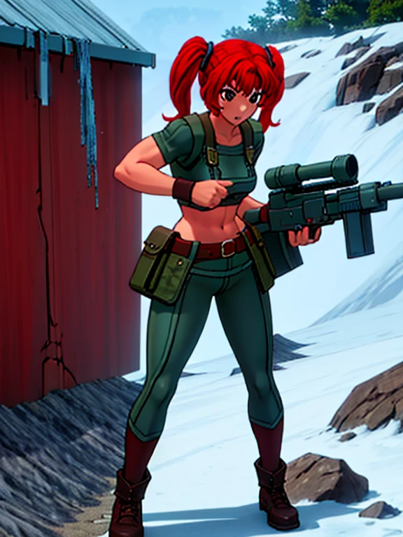 Twintail, red haired, 1girl, grey eyes, well toned, well built, muscled, toned muscles, heavy machine gun gun, ammunition belt, full body, outdoors, (masterpiece, best quality,highres, perfect hands)