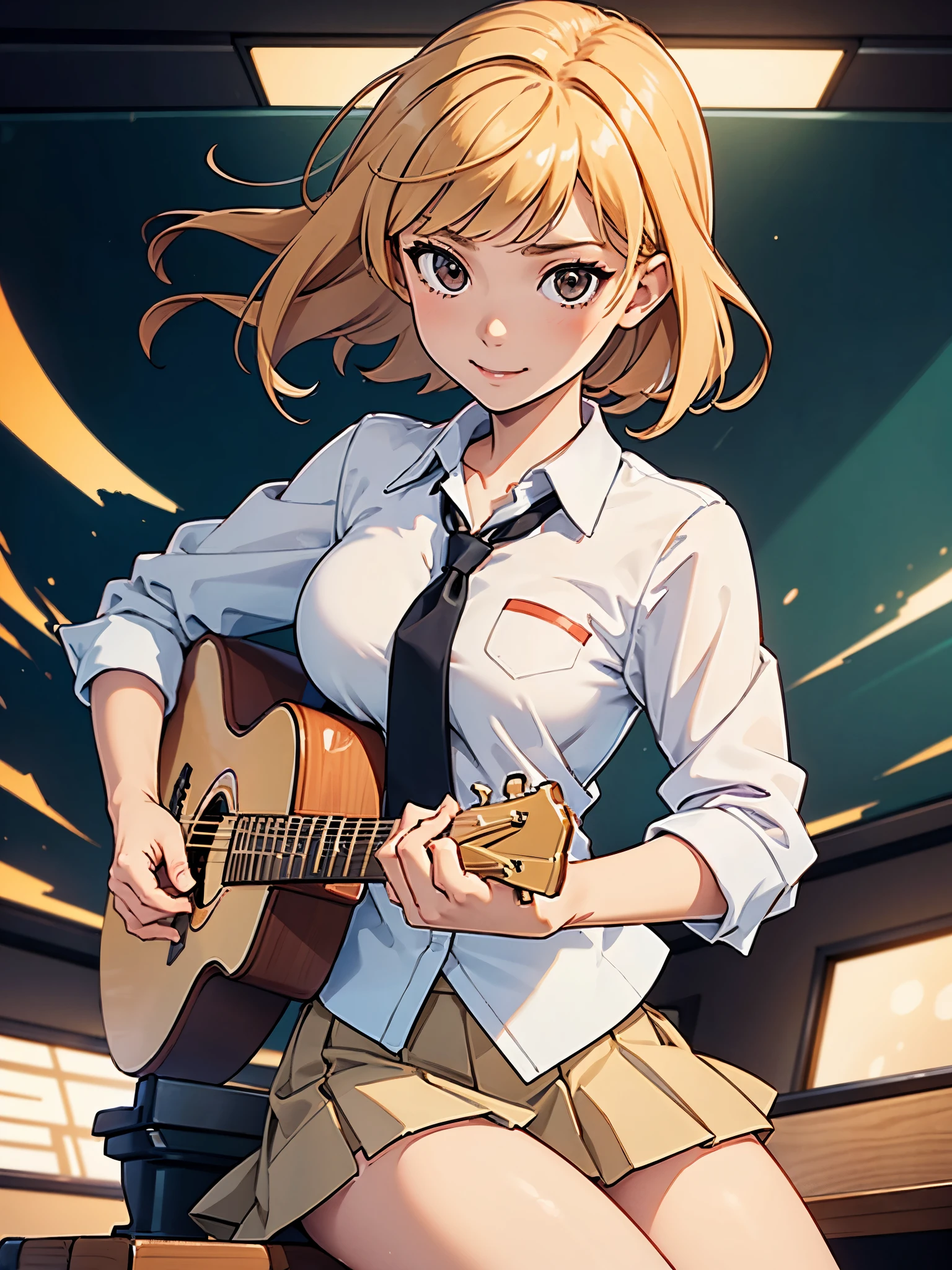 1girl, high school student, suit, white shirt, red ribbon bow necktie, pleaded skirt, miniskirt, bare legs, white socks, brown shoes, blonde hair, medium hair, bangs, hazel eyes, beautiful detailed eyes, beautiful detailed face, cute face, slightly large breasts, smile, -18, solo, solo focus, (playing guitar, electric guitar), classroom backdrop, warm lighting, empty classroom