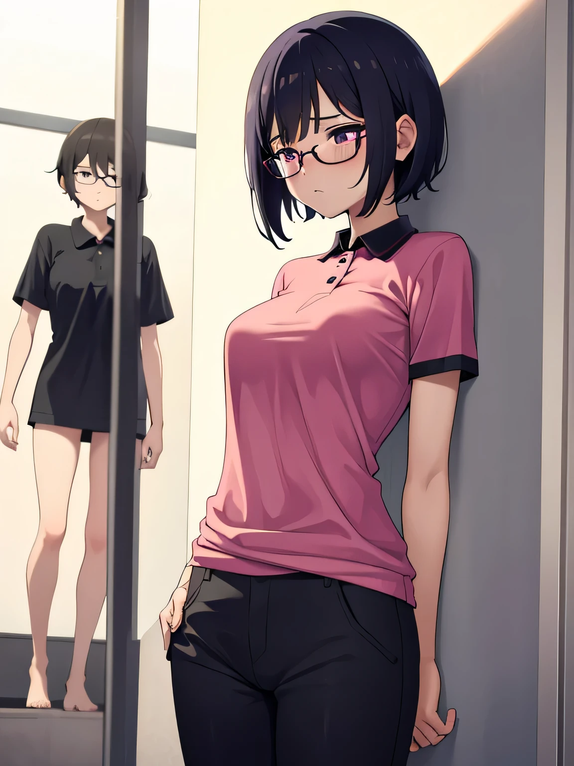 short hair, pubic hair, nice breasts, embarrassed, shy, worried, black hair, short sleeves, arms, in the hospital, no panties, magenta polo shirt, no bra, naked, no shoes, glasses, black pants, bending over