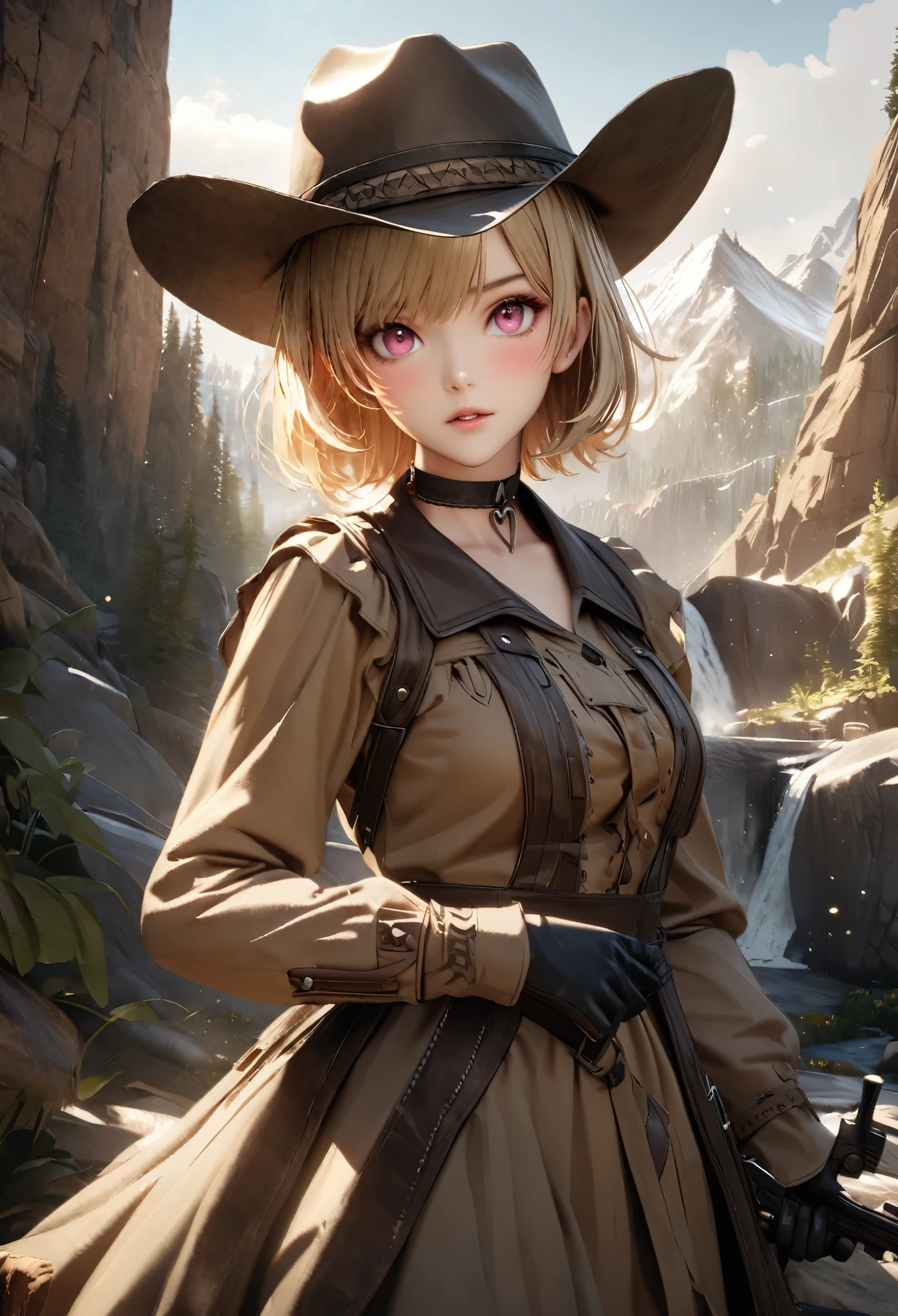 masterpiece,highest quality, Super detailed, High resolution, expensive resolution, HDR, 4k, 8K, unity 8k wallpaper, Super detailed CG, masterpiece, realistic, 2D, 3D, beautiful details, depth, fine texture , super fine: 1.3, Fully focused, Crispy.skin, .he,
Very cute anime girl 、Desolate wilderness、cowboy style costume、cowboy hat、cowboy boots、hand gun、mexican wilderness、duel、Standing with a hand gun、blonde short hair wearing expensive , one girl、alone, blonde short hair, cowboy style、cowboy hat、hand gun、duel、cowboy bootole under the eye, looking at the viewer , expensive , blush, mole, parted lips, hair ornaments, heart, pink eyes, choker