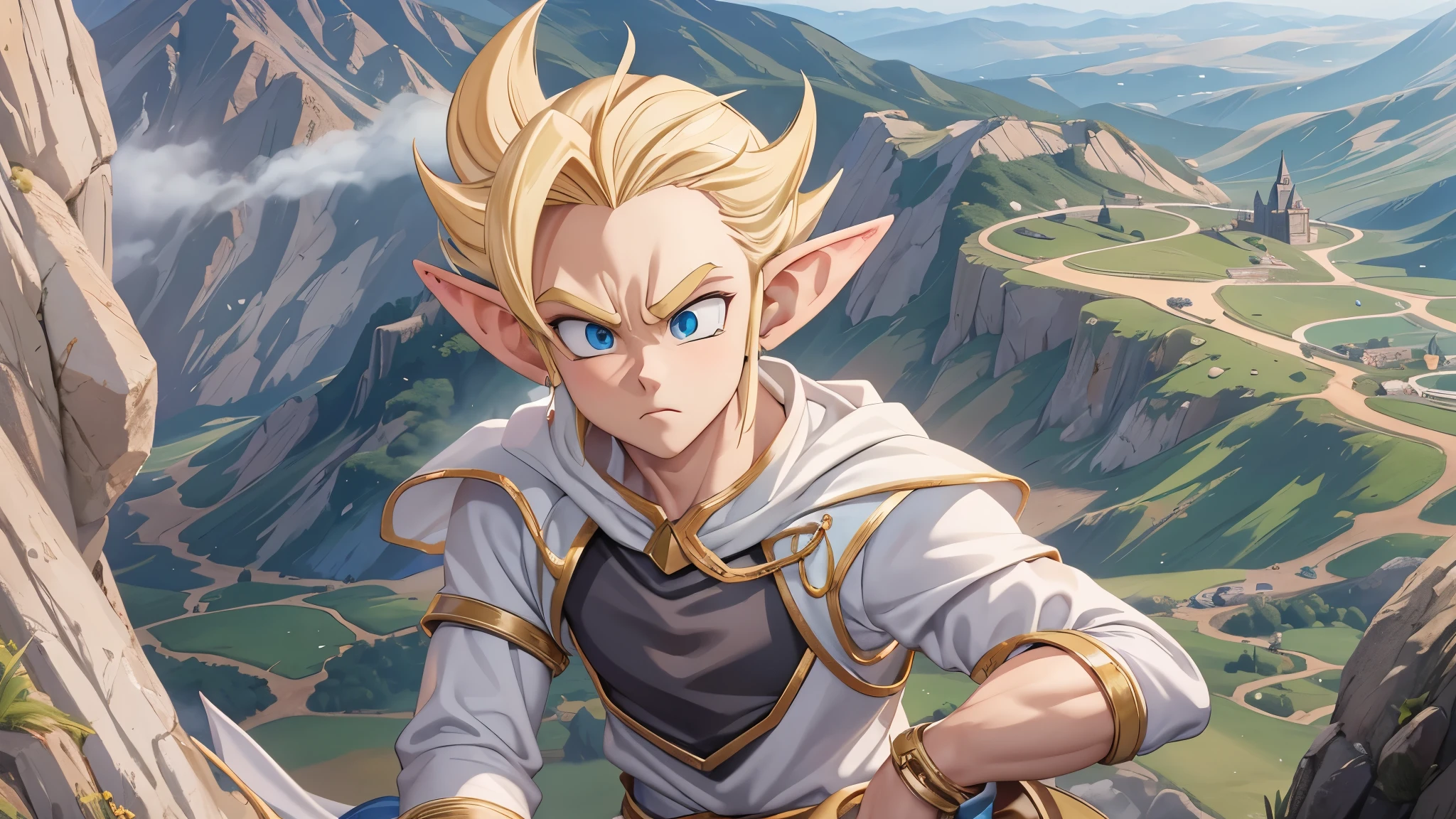 (master piece), 8k, best quality, panoramic view, elf, male, teenager, white skin, thin body, pointed elf ears, high forehead, spiky yellow blonde hair like Gohan from the anime dragon ball (super sayajin), elven outfit conservative, climbing the silver mountain, hurriedly.