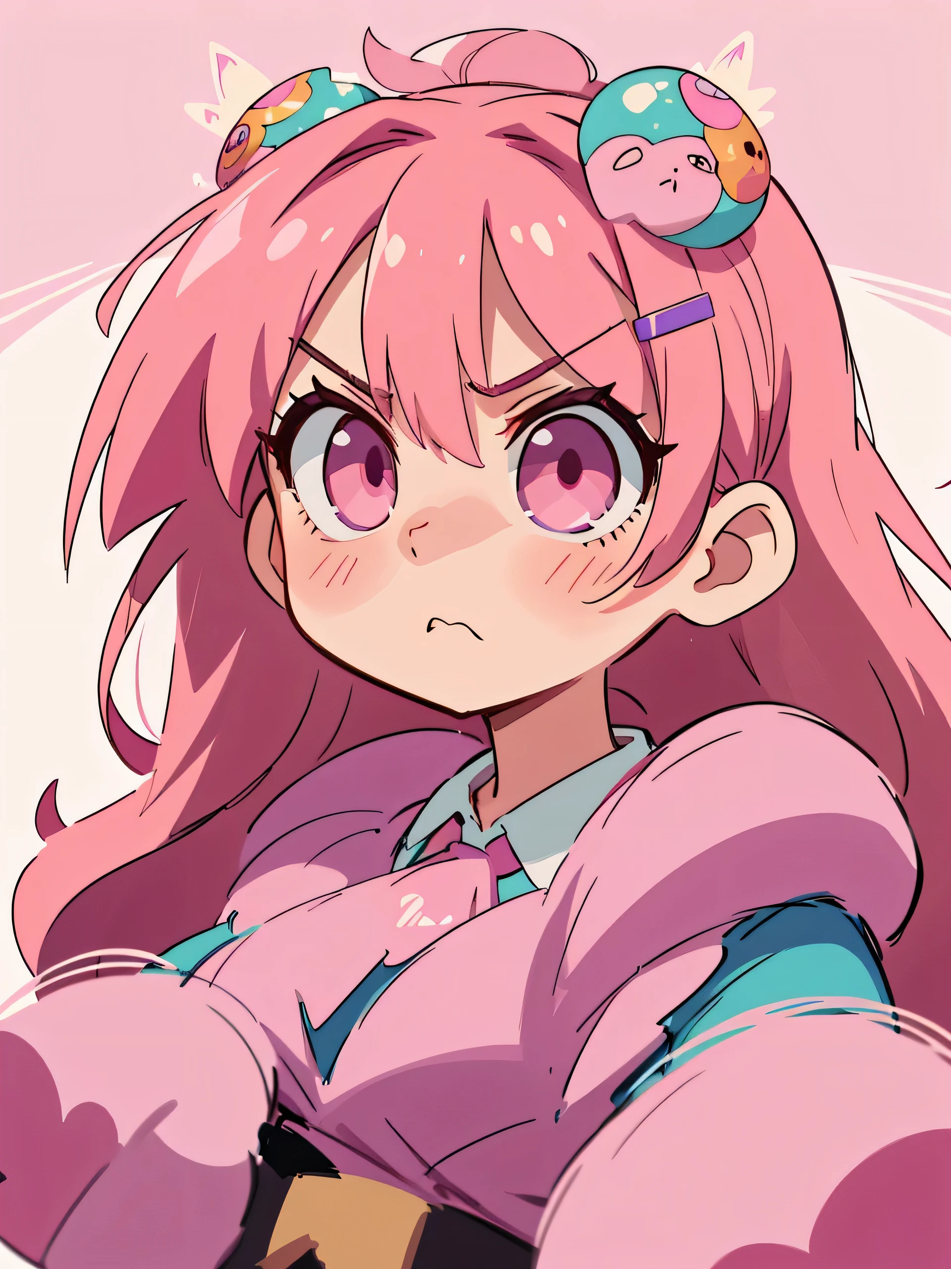1 girl, centered portrait, pink hair, long hair, pink eyes, pretty face, angry face, puffed cheeks, angry mouth, hair clips, candy on her head,