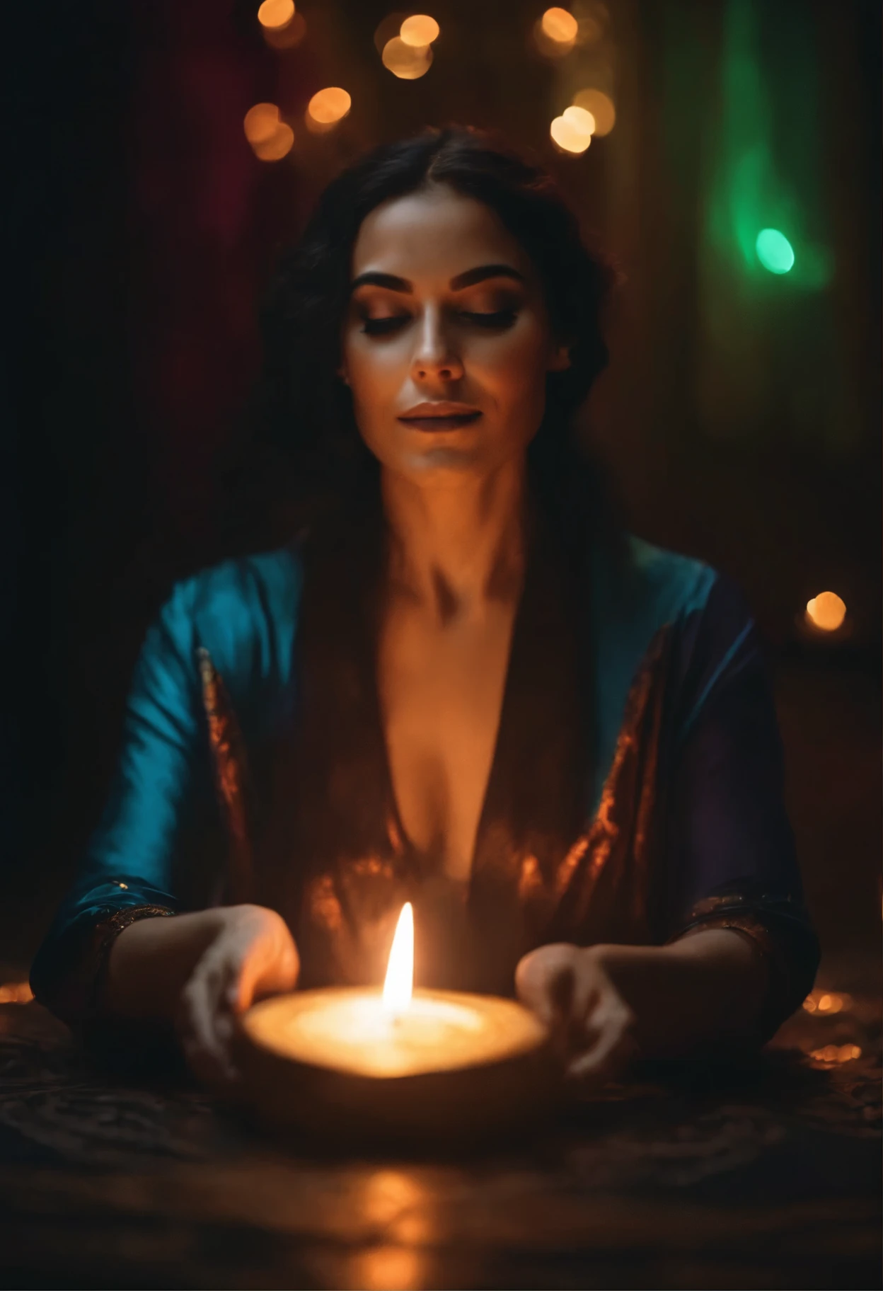 magic ritual performed by a human woman, magical, aura, happy