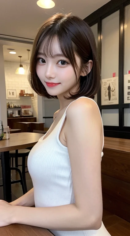 table top, highest quality, shape, Super detailed, finely, High resolution, 8k wallpaper, 完璧なダイナミックな構shape, beautiful and detailed eyes, woman&#39; fashion,very short hair,small breasts natural color lip, bold sexy pose,smile,Harajuku、20 year old girl、cute、sexy shot looking at camera、coffee shop、Put on hair accessories、Beer Jack Toast