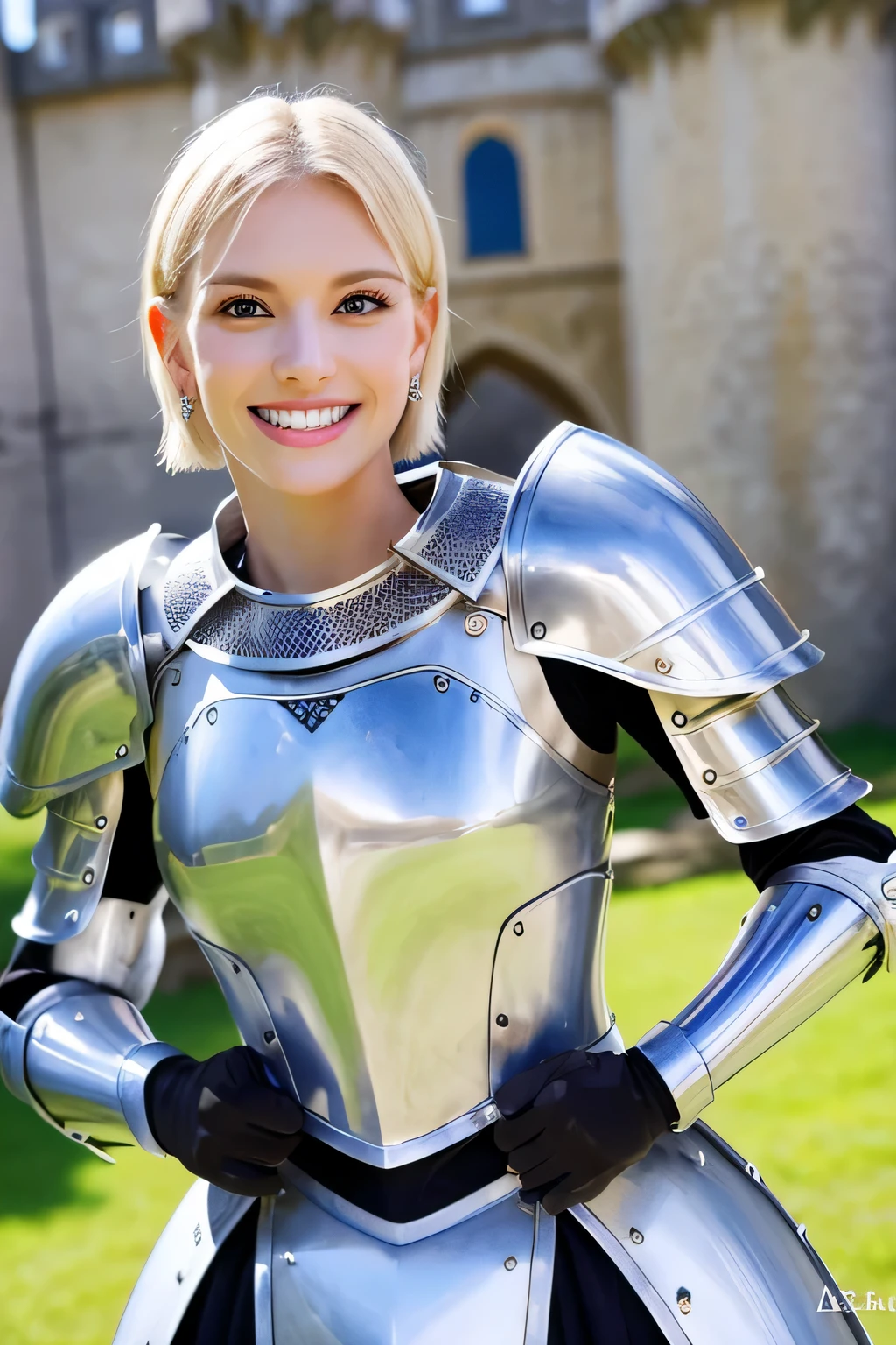 8K、highest quality、female knight、Luxurious Silver Armor、、hairstyle short cut、smile、beautiful teeth、full body photo、ear piercing、blonde、white woman、blue eyes、heavy makeup、The background is inside the castle