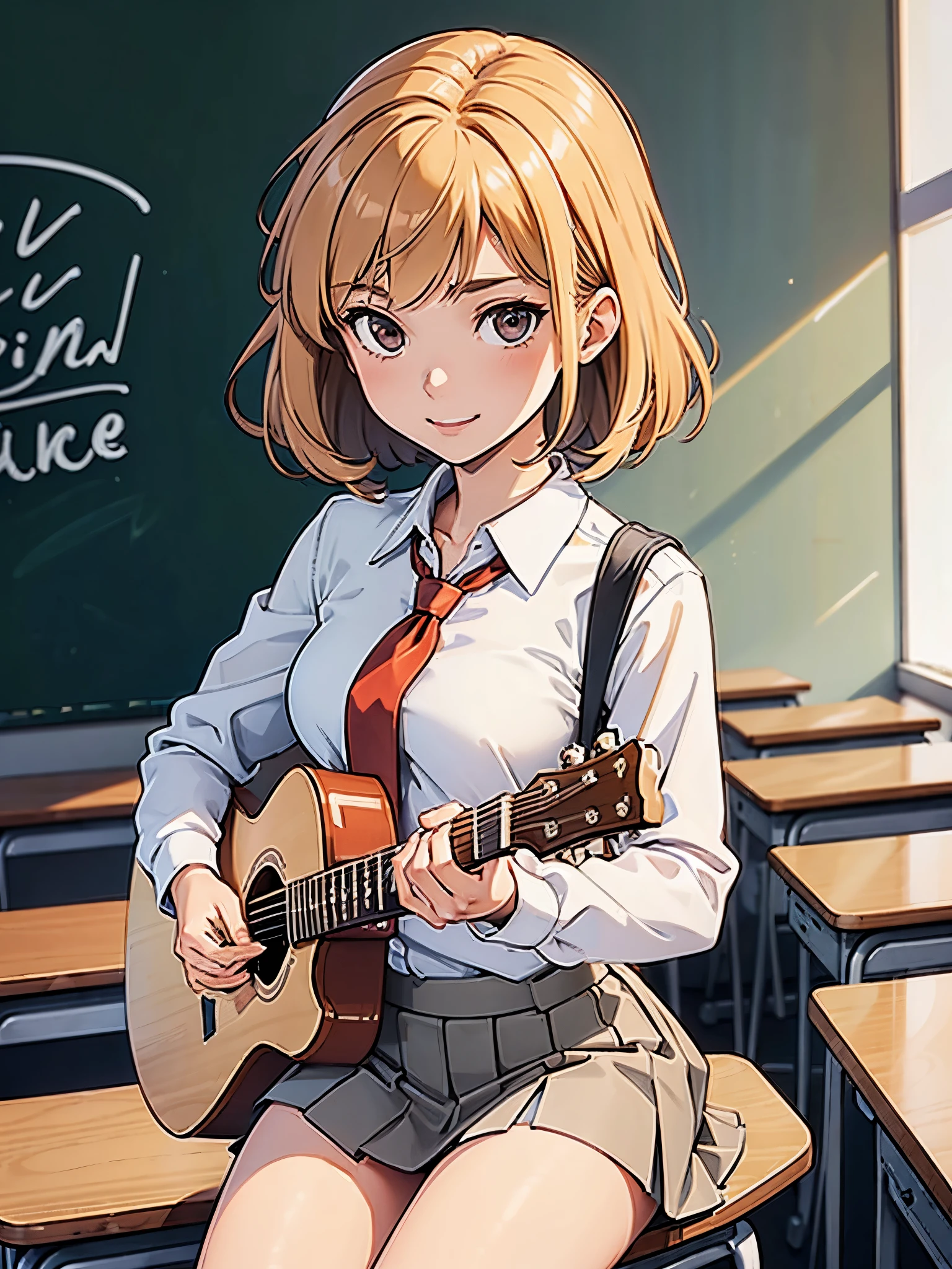 1girl, high school student, suit, white shirt, red ribbon bow necktie, pleaded skirt, miniskirt, bare legs, white socks, brown shoes, blonde hair, medium hair, bangs, hazel eyes, beautiful detailed eyes, beautiful detailed face, cute face, slightly large breasts, smile, age 16-18, solo, solo focus, (playing guitar, electric guitar), classroom backdrop, warm lighting, empty classroom