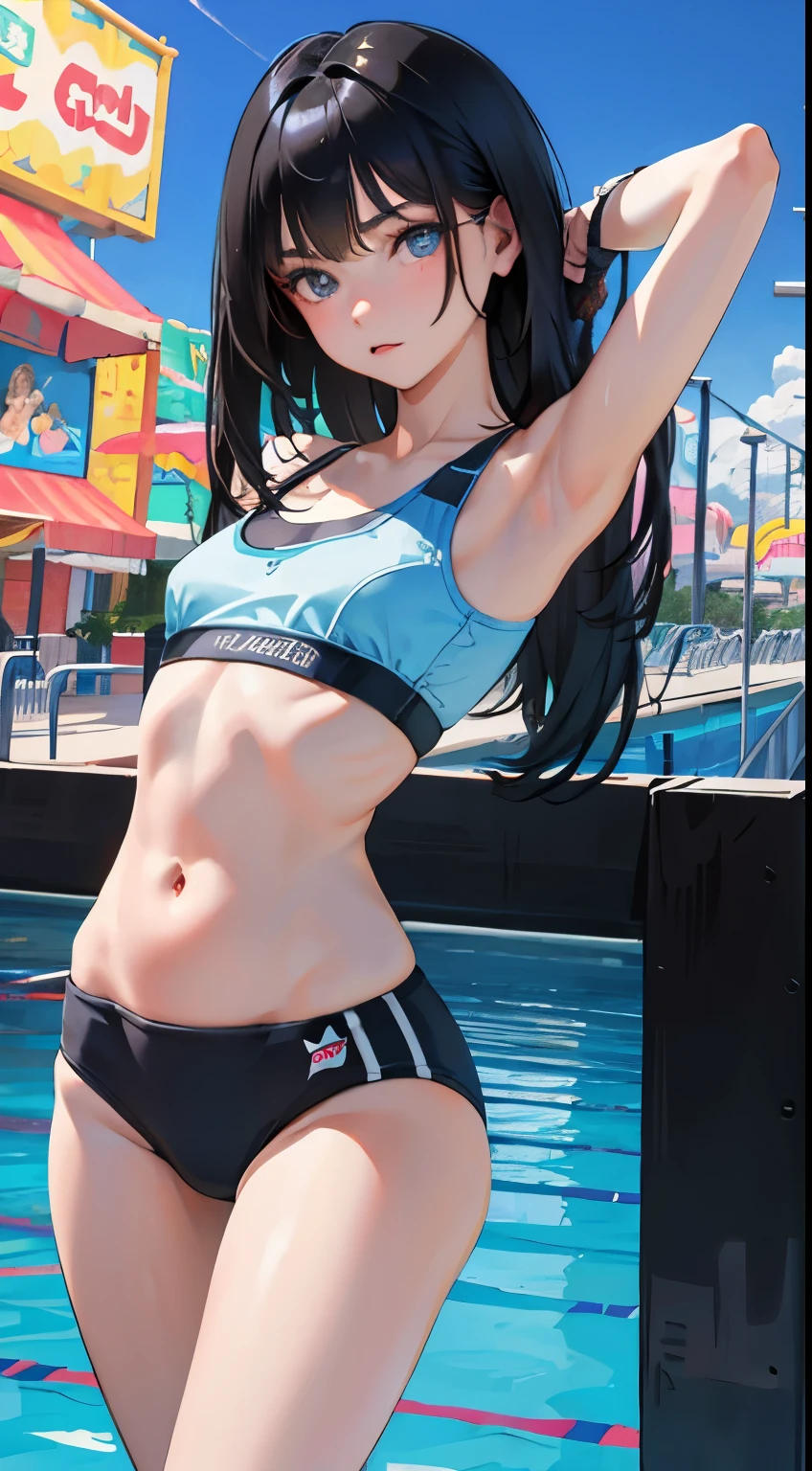 (short cute girl,small young student,young delicate girl),(masterpiece,Top quality),long black hair,Light blue sports bra,amusement park,pool