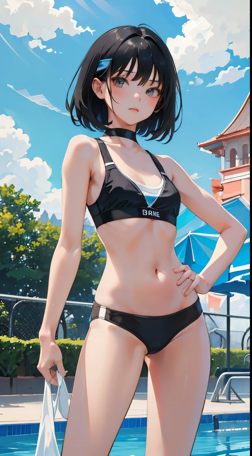 (short cute girl,small young student,young delicate girl),(masterpiece,Top quality),long black hair,Light blue sports bra,amusement park,pool