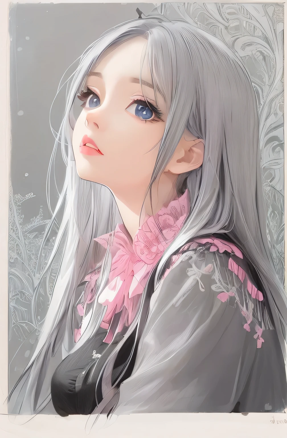 anime girl short pink pigtails and blue eyes in a black dress, gray hairの女の子, beautiful anime portrait, perfect gray hair girl, Detailed portrait of anime girl, portrait anime girl, Pink Haired Girl, beautiful anime girl, long hair anime girl, have long white hair, with long gray hair, gray hair, gray hairの神, stunning anime face portraits