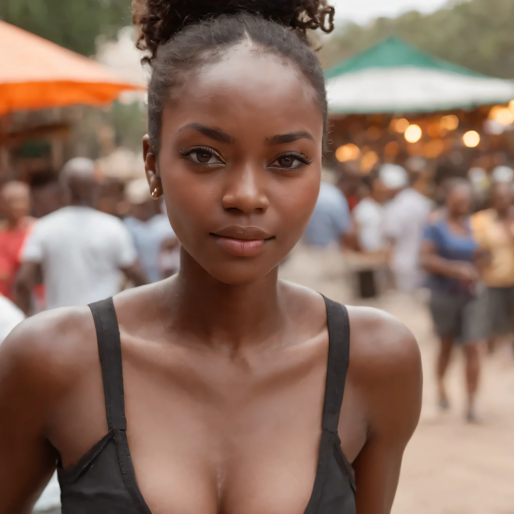 ((Dark African skin, Very deep ebony skin)), ((Its beauty undeniable)), ((Excited cute face)), ((Hyper detailed perfect eyeploring pose)), ((Language output)), ((travelling)), ((Tight t-shirt, shorts)), ((Afro ponytail with long African curly hair)), ((skin)), ((standing, back view)), ((touching her face in a sexy pose)), ((outside, market, public city, Nairobi, kenya)), Sharp Focus CGI, photoreallistic, High detail, Realistic, Masterpiece, absurd, Best quality, Hdr, High quality, high-definition, Extremely detailed, 8k wallpaper, Intricate details, 8K UHD, Full-HD, (photo realist:1.2), contrast, intense illumination, lighting cinematic, natural lighting, veilleuse, Nuit, Illumination globale, city walk, Nairobi, Kenya, Uhuru park, a la piscine African women、Female sexy、serious face, people in background, holding water bottle in hand, wink left eye