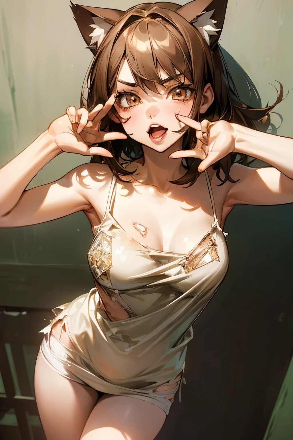 ((Masterpiece)), (Anime:1.3), ((best quality)), (RAW photo: 1.2), (High Definition:1.3), (Professional Photography:1.2), (drop shadow:1.5), (closeup face), Textured skin, cinematic lighting, (()), 1girl, (Cute teenage beautiful Girl), BREAK, ((best quality)), ((glossy lips)), beautiful brown eyes, (Beautiful diamond eyes:1.5), Cat ears, Pale brown hair, unruly hair, medium hair, (smug), Open mouth wide, BREAK, ((dirty and very torn white camisole)), Slender body, sweaty, Beautiful large tits, (kawaii posing:1.4), Slum townscape,