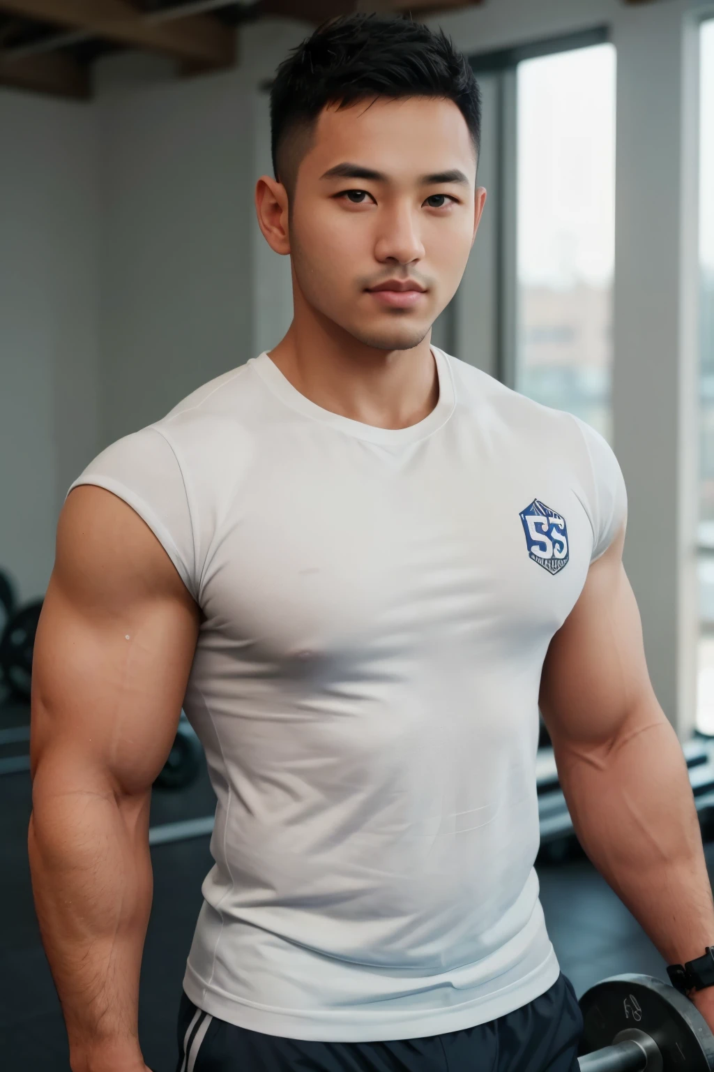 masterpiece, best quality, high resolution, realistic, handsome, photogenic, syahnk, SFW,  a photo of a 35 year old gym frat (man:1.2) portrait, standing in a gym , doing military press, weights, stunning , short buzzcut hair,stubble head , (hypermuscle),looking at the viewer, flirting with the camera, charming, (tight white gym shirt ),(GS-Masculine:1), 8K UHD