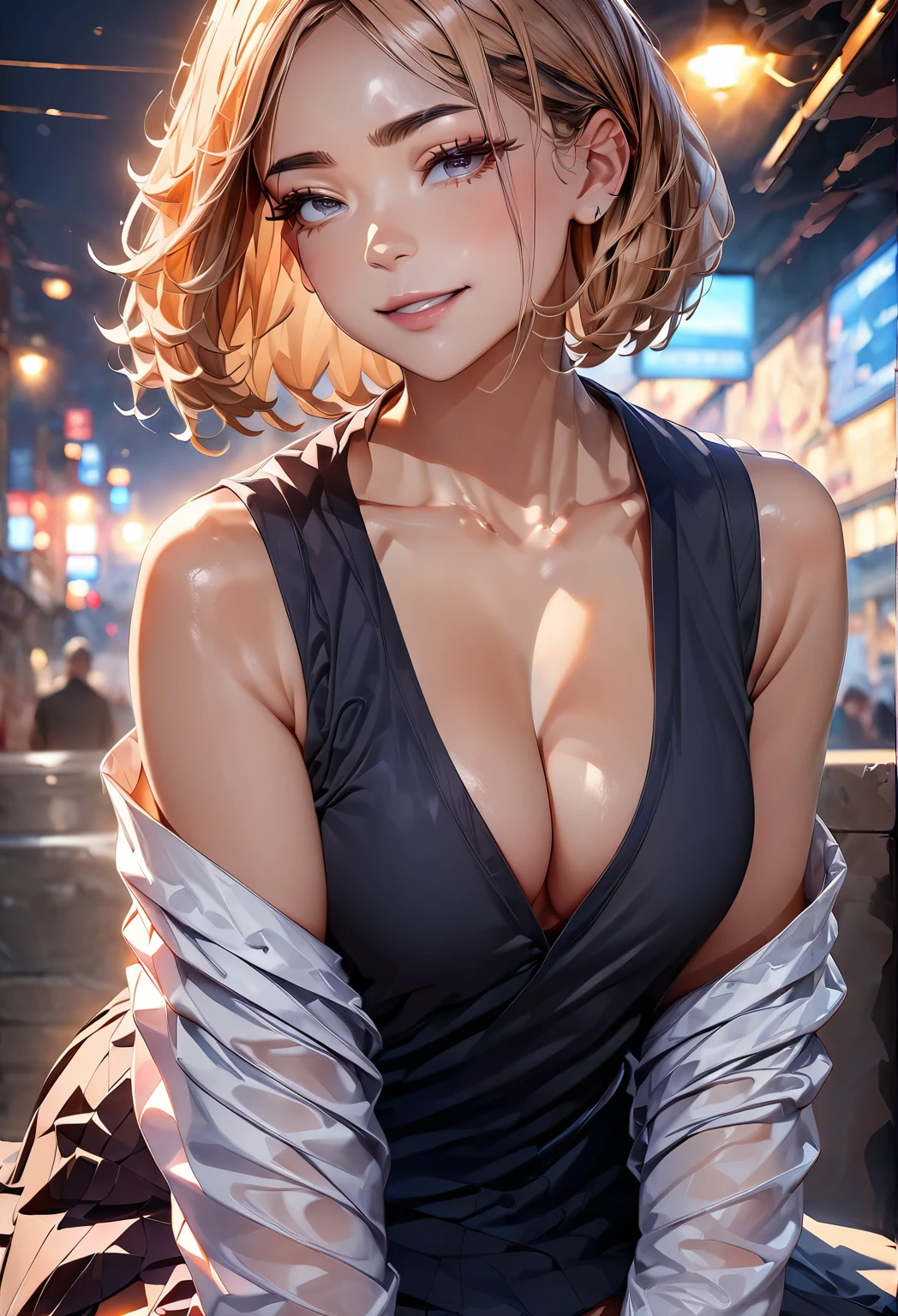 (Masterpiece:1.3), (8K, Realism, original photography, Top image quality: 1.4), Japanese high school girl、(Random hairstyle:1.2)、cleavage:1.2、Super detailed face、Eye for details、double eyelids、chest together、sharp focus:1.2、pretty Woman:1.4、light brown hair、top quality、Masterpiece、ultra high resolution、(Realism:1.4)、Highly detailed and professional lighting smile、Loose and lightweight knitwear、shoulders outward、thin and long、serious facial expression、short hair、fatal position