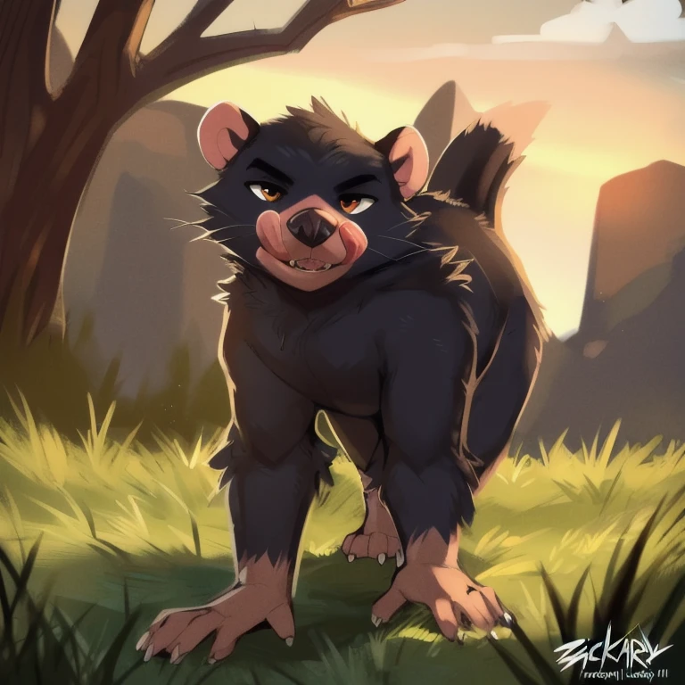 (4k, 8k, high-quality, detailed), solo, male, ((feral anatomy)), ((animal anatomy)), (((tasmanian devil))), grass, by zackary911, ((())), young, thick neck, wide hips, flirty, seductive, romantic, teasing, fluffy, hairy, bushy, detailed paws, detailed fur, short arms, short legs, long body, dominant, menacing, manly, threatening, thirsty trap, licking lips, pov pinning