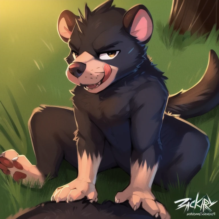 (4k, 8k, high-quality, detailed), solo, male, ((feral anatomy)), ((animal anatomy)), (((tasmanian devil))), grass, by zackary911, (((teen))), young, thick neck, wide hips, flirty, seductive, romantic, teasing, fluffy, hairy, bushy, detailed paws, detailed fur, short arms, short legs, long body, dominant, menacing, manly, threatening, thirsty trap, licking lips, pov pinning