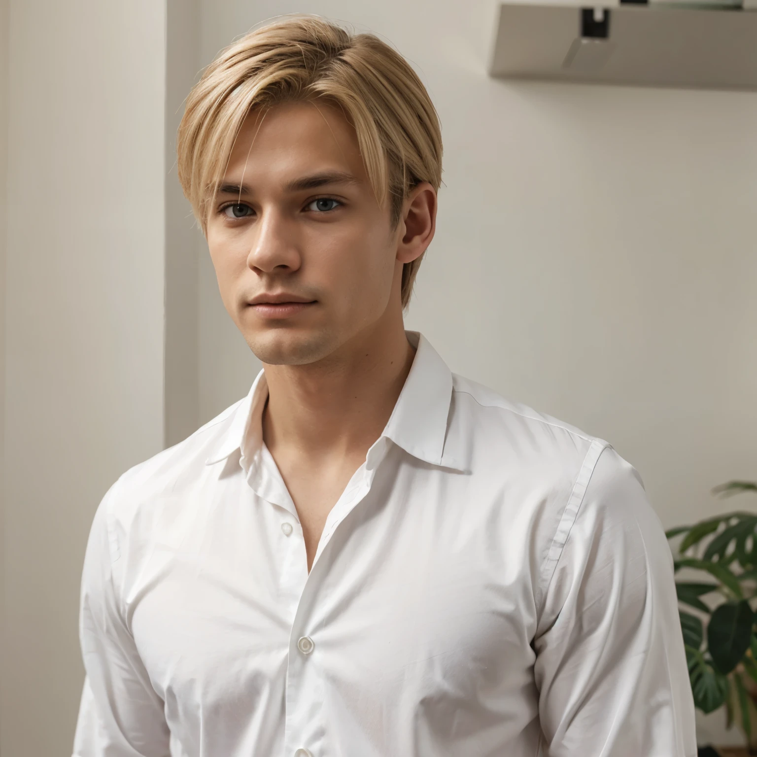 Ash blonde man white shirt