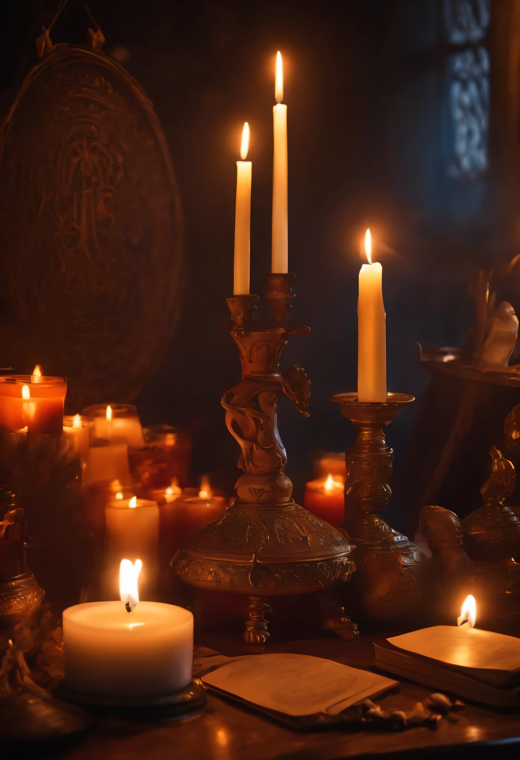 magical ritual, candles, incense burning, sigils, gromoir, spells, home office, 