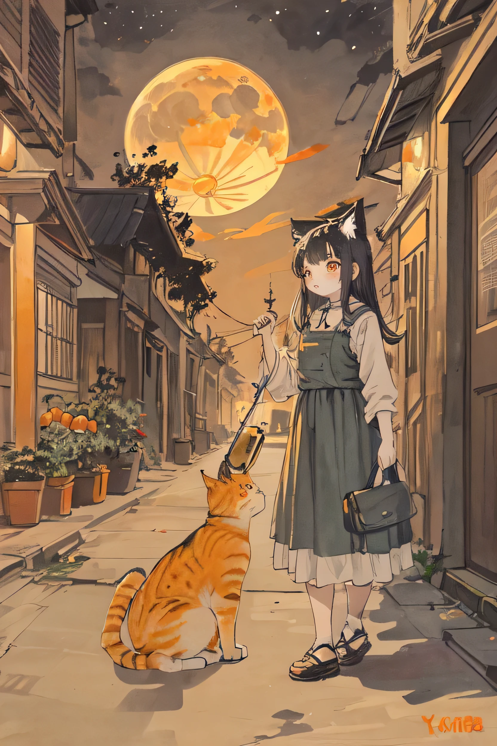 cat,orange,cute,big eyes,masterpiece,full moon,alley