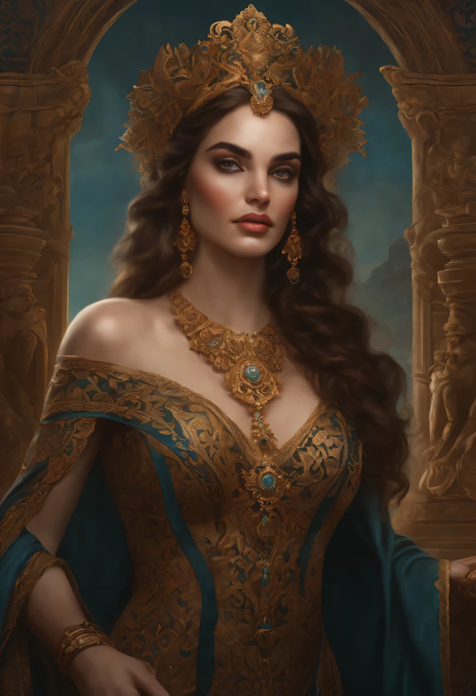 uma deusa, lindo rosto perfeito com pele macia, rosto perfeito, Retrato de arte conceitual de Greg Rutkowski, Arte Germe, Ultra Detailed and Intricate Gothic Art Trends in Ternary Colors Artstation, Fantastic, detalhes intrincados, tela de abertura, Cores complementares, arte conceitual de fantasia, 8k resolution, A obra-prima do Deviantart, oil painting, golpes pesados,