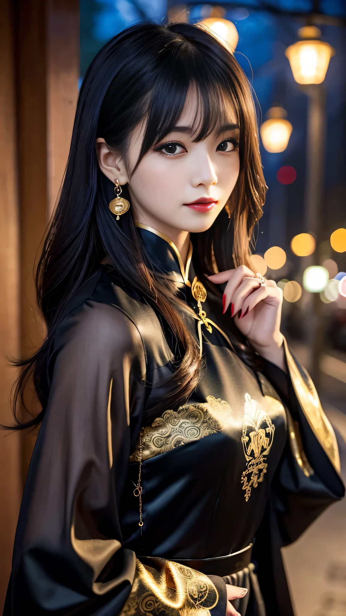 tra-detailed、Japanese、attractive beauty、seductive adult woman、pretty woman、piercing eyes、cool girl、wavy hair、swept bangs、Long Black and Gold Cheongsam、wide sleeves、Evil cadres、evil depravity、brainwash、mind control、lipstick、lip gloss、dark makeup、smirk、whisper in your ear、Evil expression、evil、hollow eyes,half-closed eyes、empty eyes、evil、church at night、vampire、succubus、vampire、Swear allegiance、sexy pose、hair ornaments、