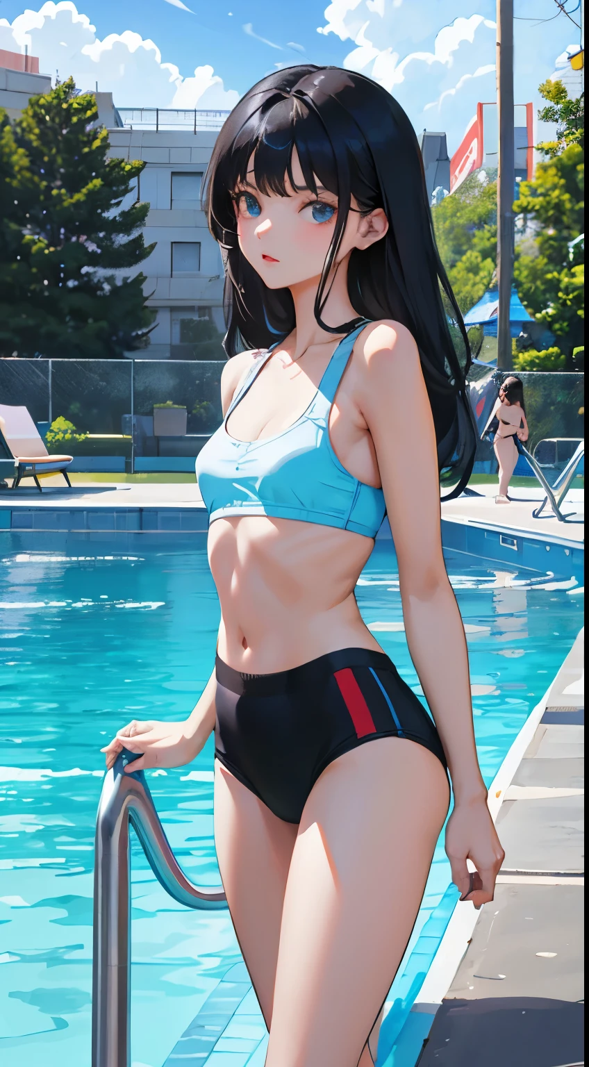 (short cute girl, young studeg delicate girl),(masterpiece,Top quality),long black hair,Light blue sports bra,amusement park,pool