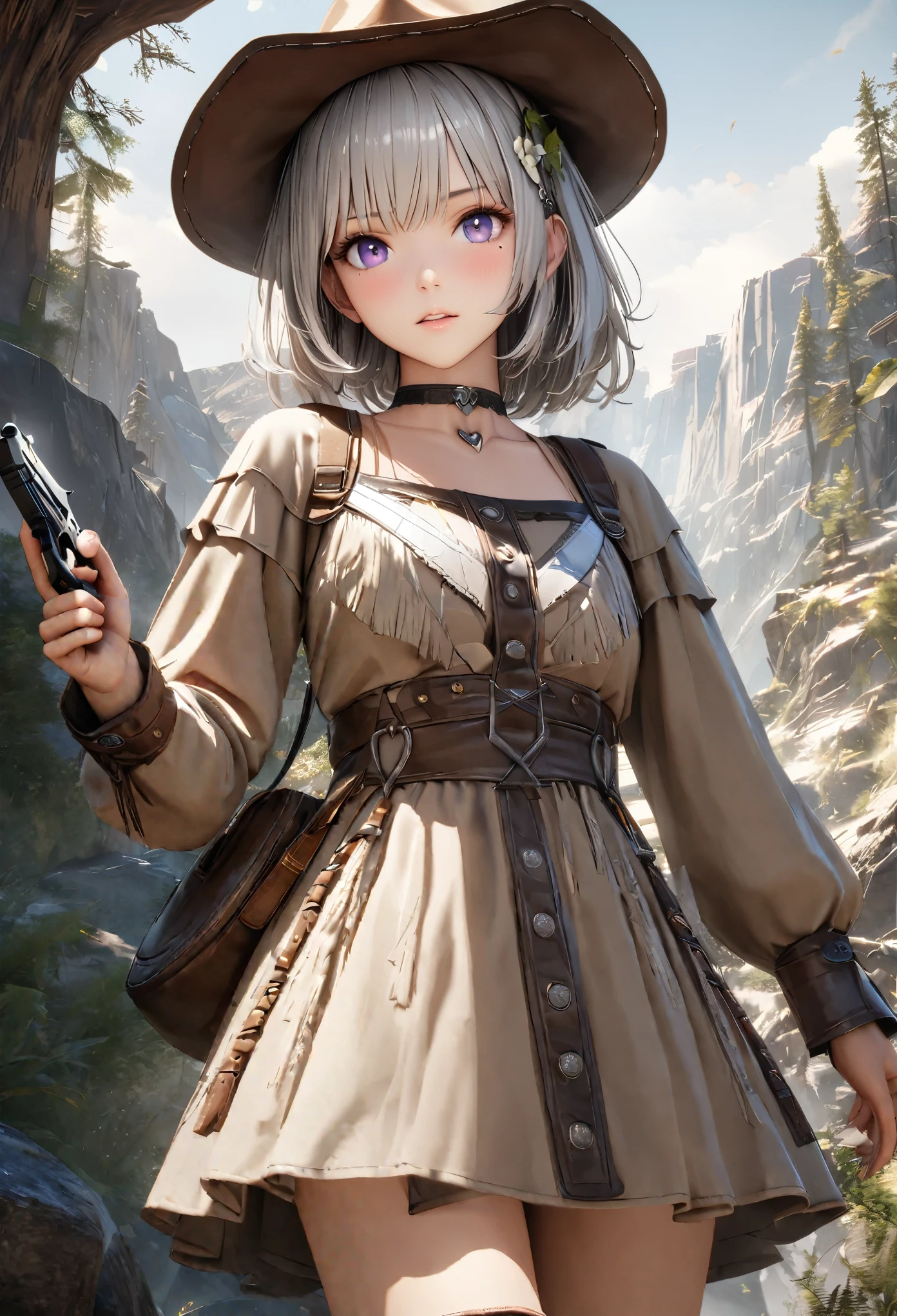 masterpiece,highest quality, Super detailed, High resolution, expensive resolution, HDR, 4k, 8K, unity 8k wallpaper, Super detailed CG, masterpiece, realistic, 2D, 3D, beautiful details, depth, fine texture , super fine: 1.3, Fully focused, Crispy.skin, .he,
Very cute anime girl 、Desolate wilderness、cowboy style costume、cowboy hat、cowboy boots、hand gun、mexican wilderness、duel、Standing with a hand gun、silver short hair wearing expensive , one girl、alone, silver short hair, cowboy style、cowboy hat、hand gun、duel、cowboy bootole under the eye, looking at the viewer , expensive , blush, mole, , parted lips, hair ornaments, heart, purple eyes, choker